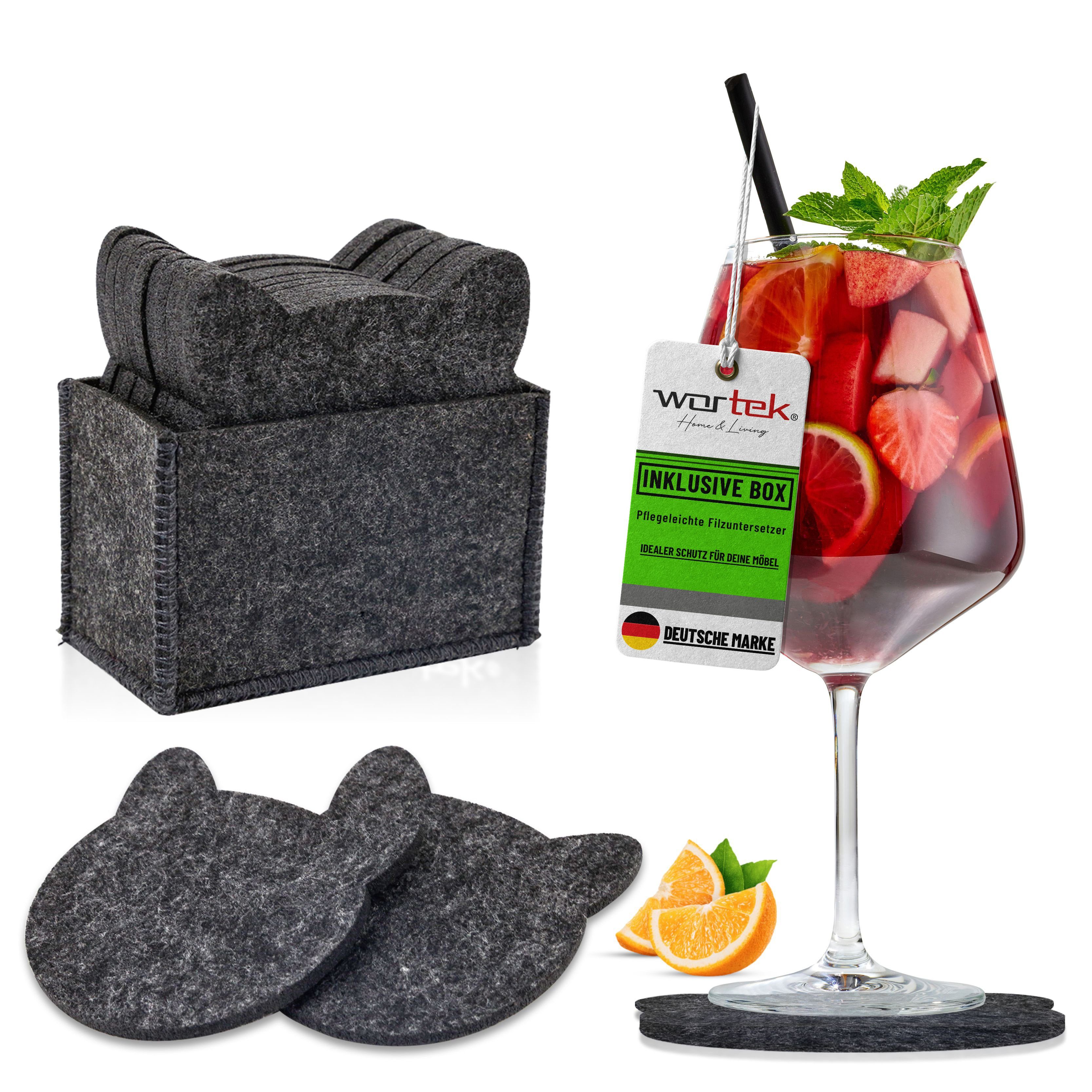 wortek Getränkeuntersetzer Filz-Untersetzer Katze für Gläser 10er Set + Box, Zubehör für Tisch & Gläser, Set, 10-tlg., waschbare Getränke Glasuntersetzer Gläser, Tischuntersetzer Filz 10 cm