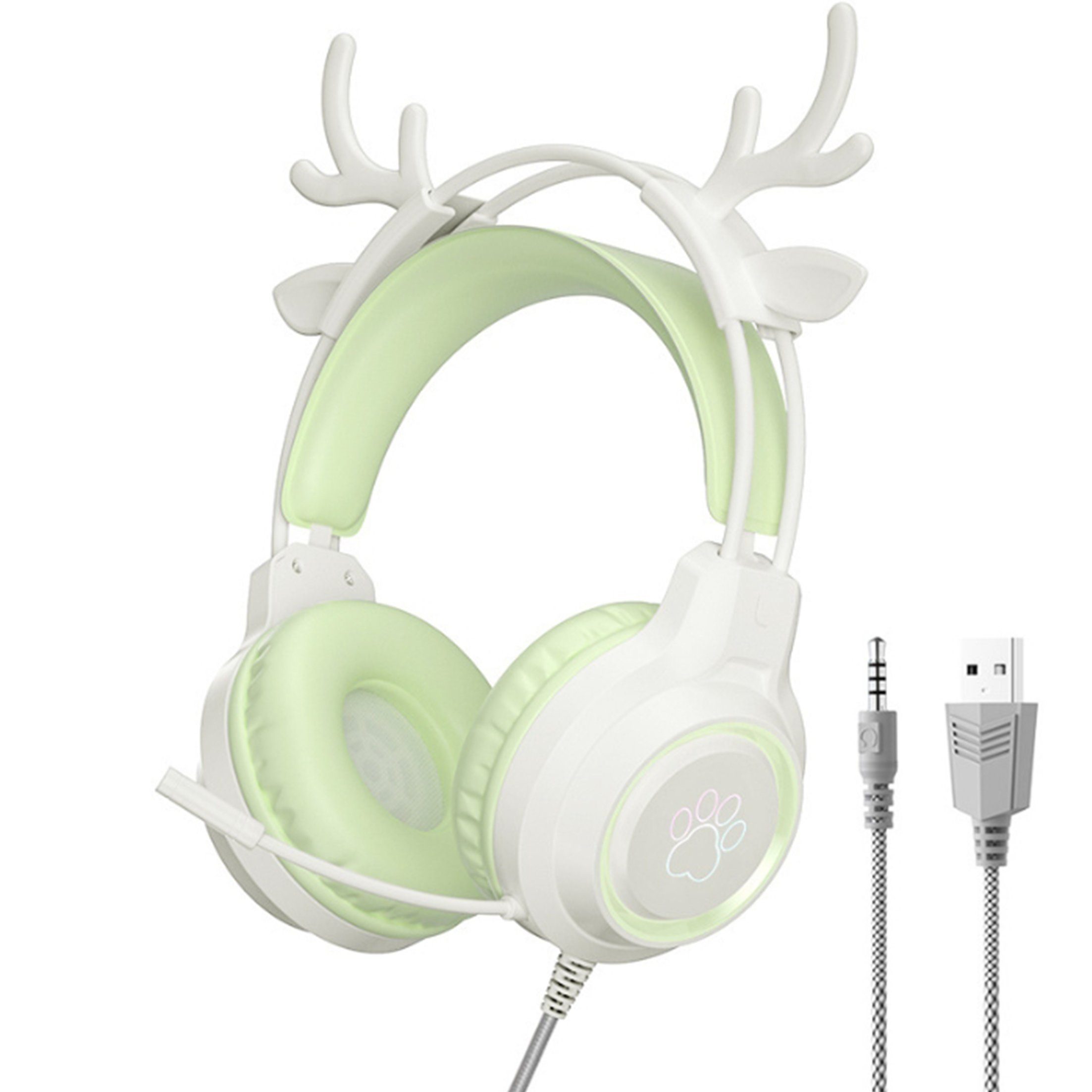 KINSI Headset,Gaming-Headset mit Katzenohren,Geräuschunterdrückung Over-Ear-Kopfhörer (Hirschohren, Stereo, Abnehmbare Katzenohren, Klappbar)