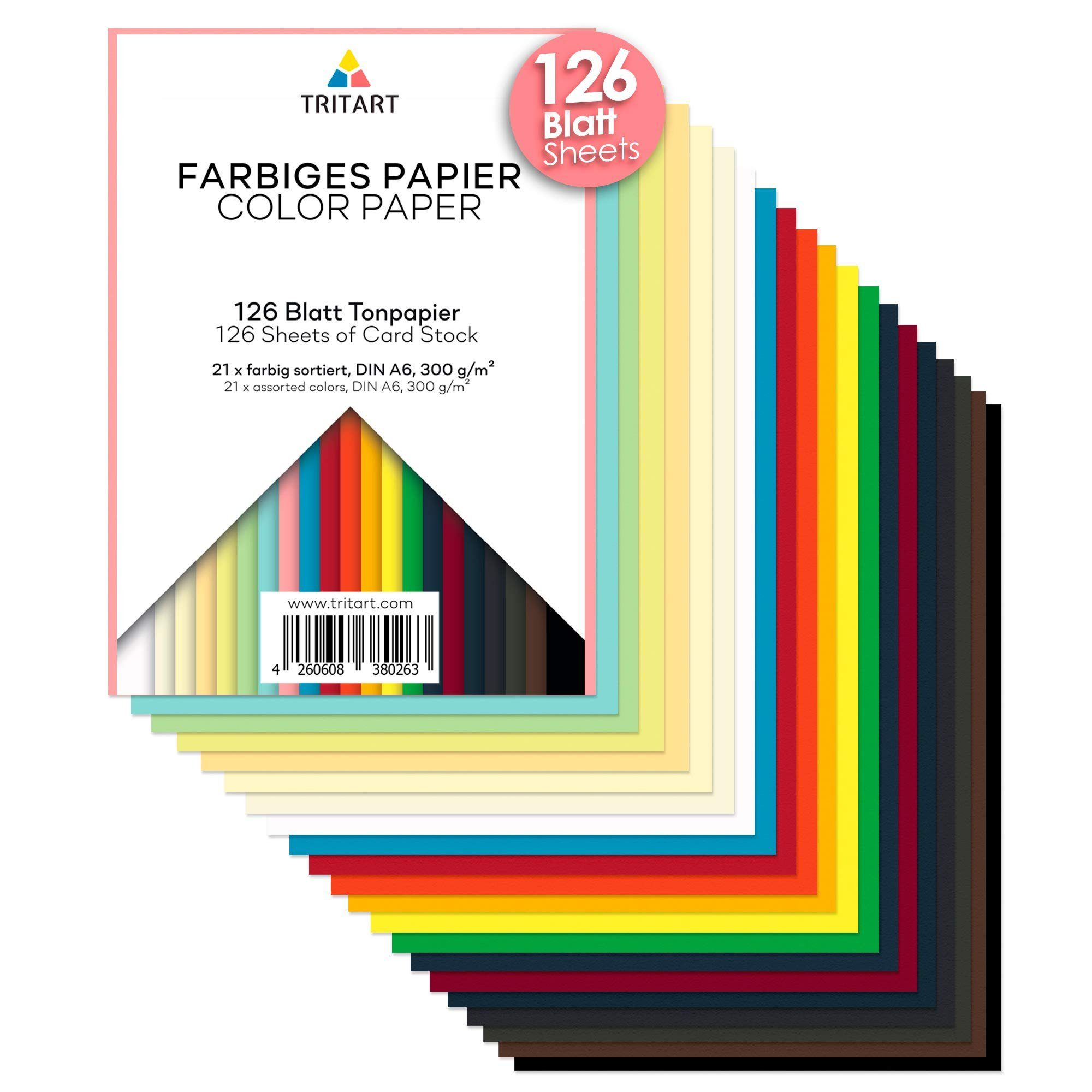 Tritart Aquarellpapier A6 300g - 126 Blatt Bastelpapier, Festes Buntpapier A6 300g - 126 Blatt Bastelpapier in 21 Farben