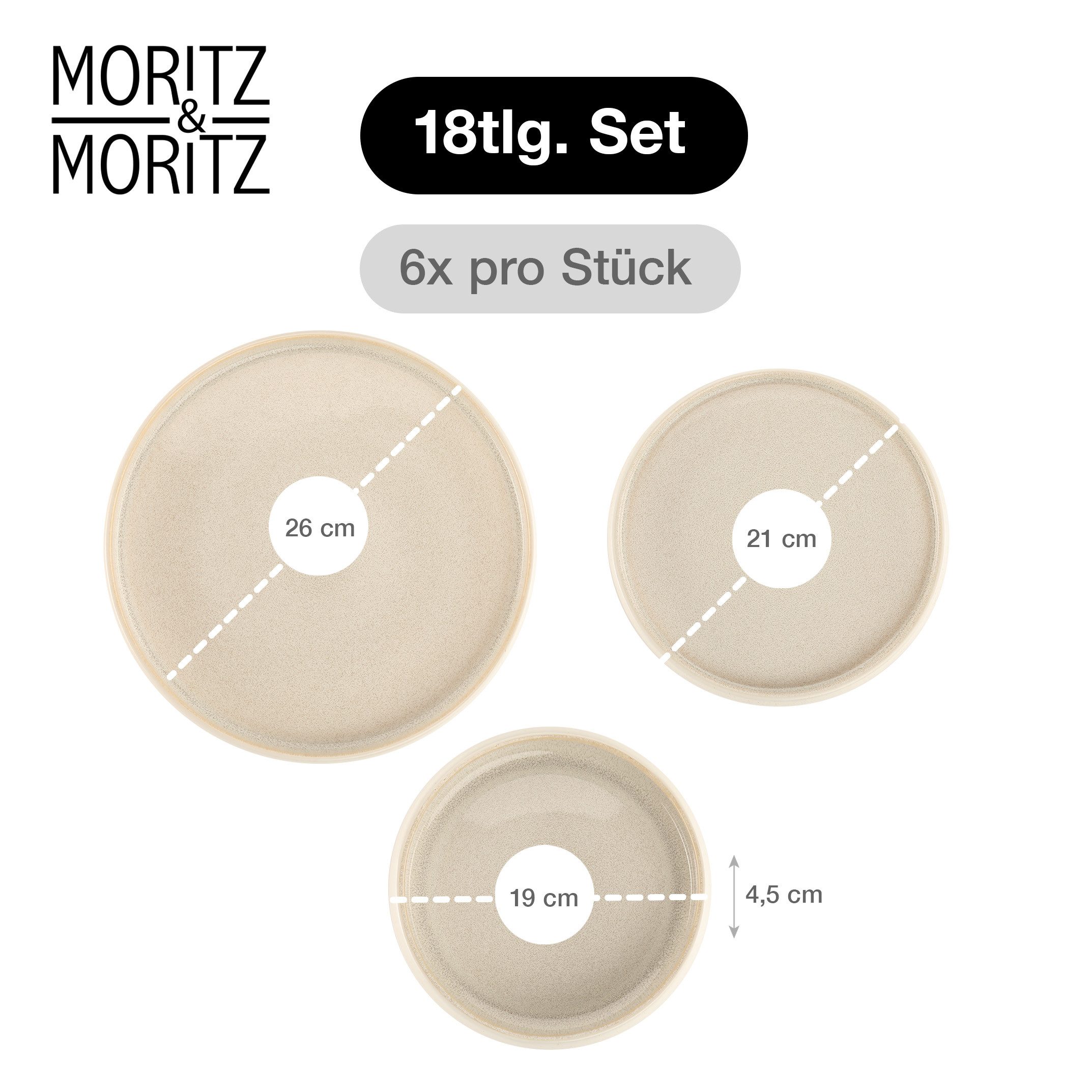 Moritz & Moritz Tafelservice SOLID UNI Geschirrset Creme (18-tlg), 6 Personen, Steinzeug, Kombigeschirr für 6 Personen