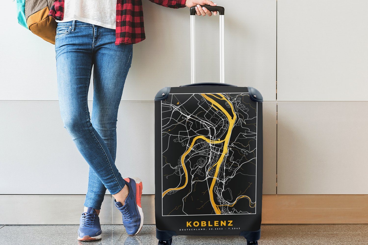 - - Koblenz Trolley, Ferien, mit Handgepäckkoffer rollen, - 4 Gold Reisekoffer Rollen, Handgepäck für MuchoWow - Reisetasche Karte, Stadtplan Deutschland