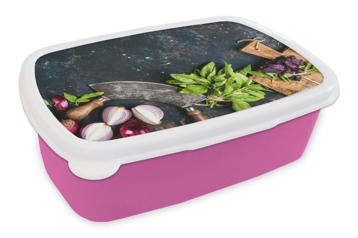 MuchoWow Lunchbox Gemüse - Kräuter - Wiegemesser - Zwiebel - Gewürze - Rustikal, Kunststoff, (2-tlg), Brotbox für Erwachsene, Brotdose Kinder, Snackbox, Mädchen, Kunststoff rosa