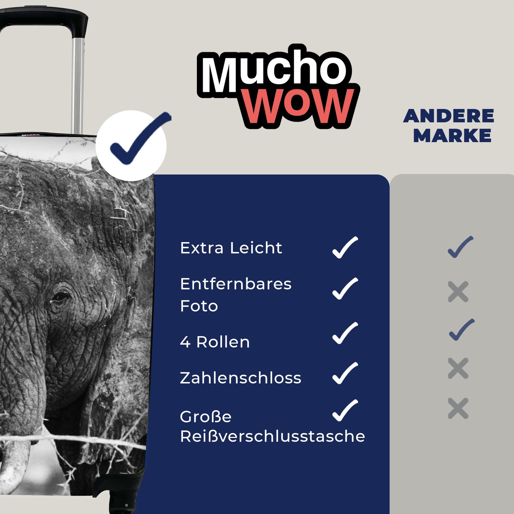 MuchoWow Handgepäckkoffer - Tiere Reisetasche Reisekoffer - Elefant rollen, - Äste 4 - Schwarz Trolley, Ferien, Rollen, Handgepäck mit weiß, Natur und für