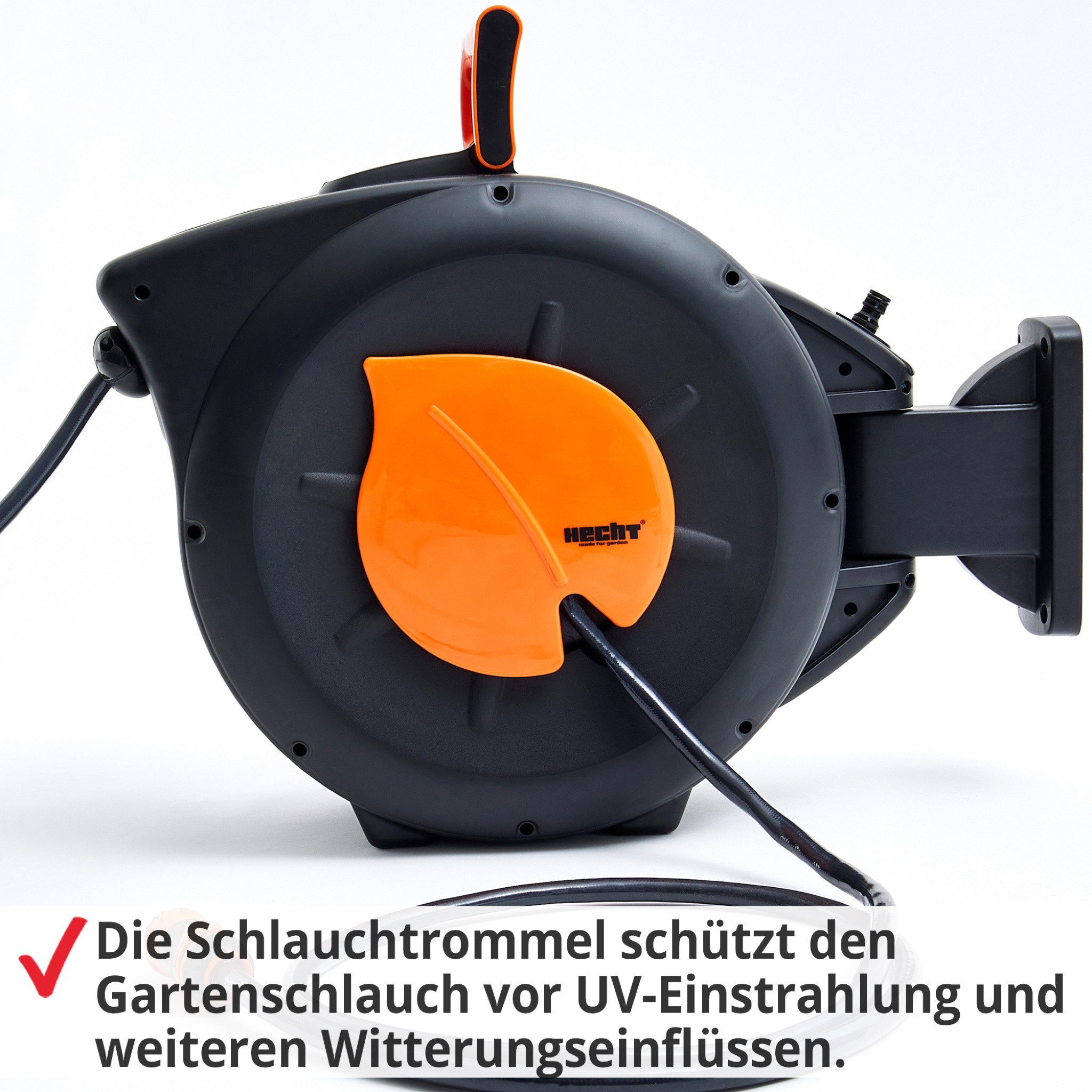 Hecht Schlauchtrommel 20m 30m mit Einzugautomatik und Schnellkupplungsanschlüsse, Hahnanschluss 1/2" & 3/4", Spritzdüse, Wandhalterung, 180° schwenkbar