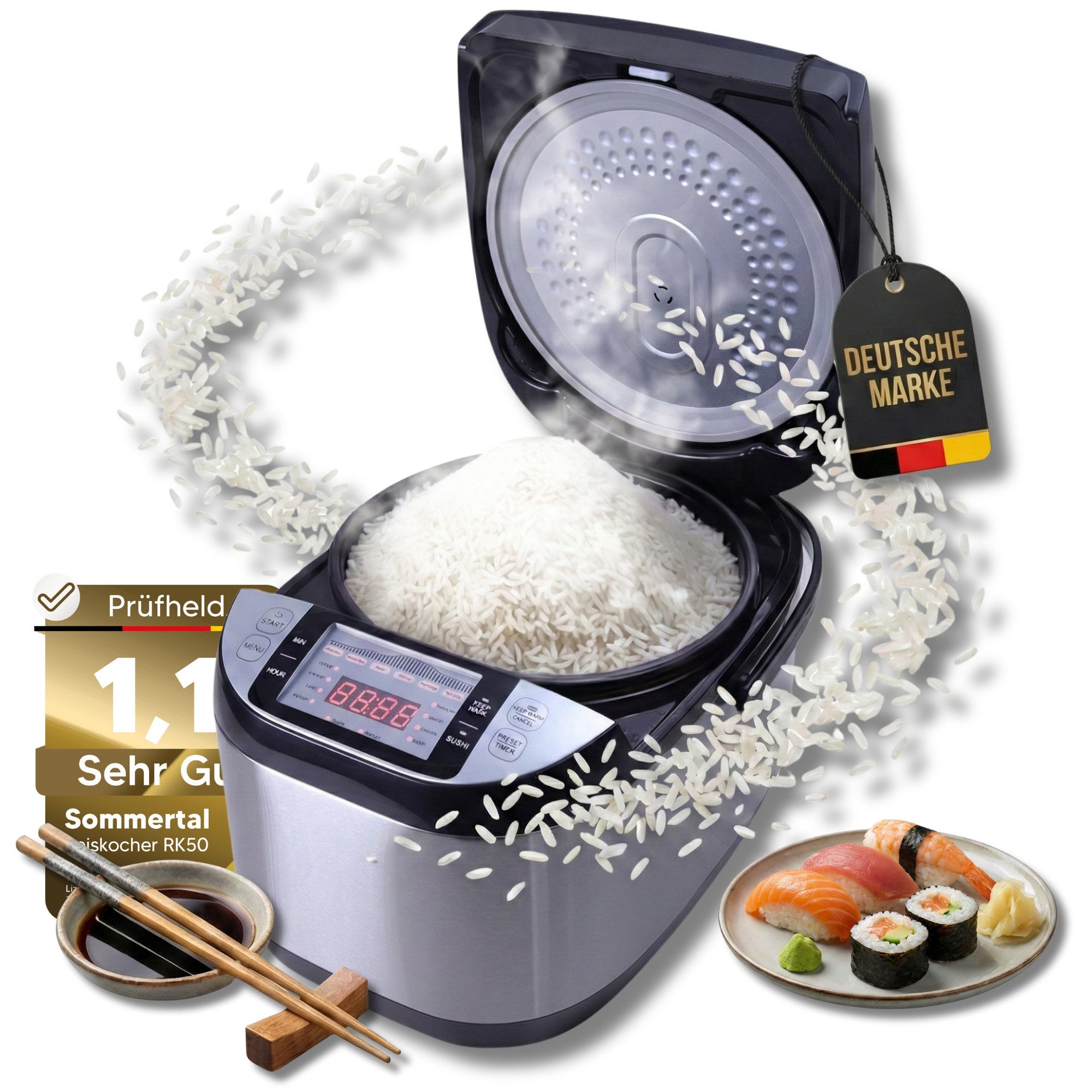 Sommertal Reiskocher Sommertal Reiskocher RK50 5L mit 3D-Heating 790W 8 Kochfunktionen, 790 W, 3D Heizsystem, Warmhaltefunktion & Timer