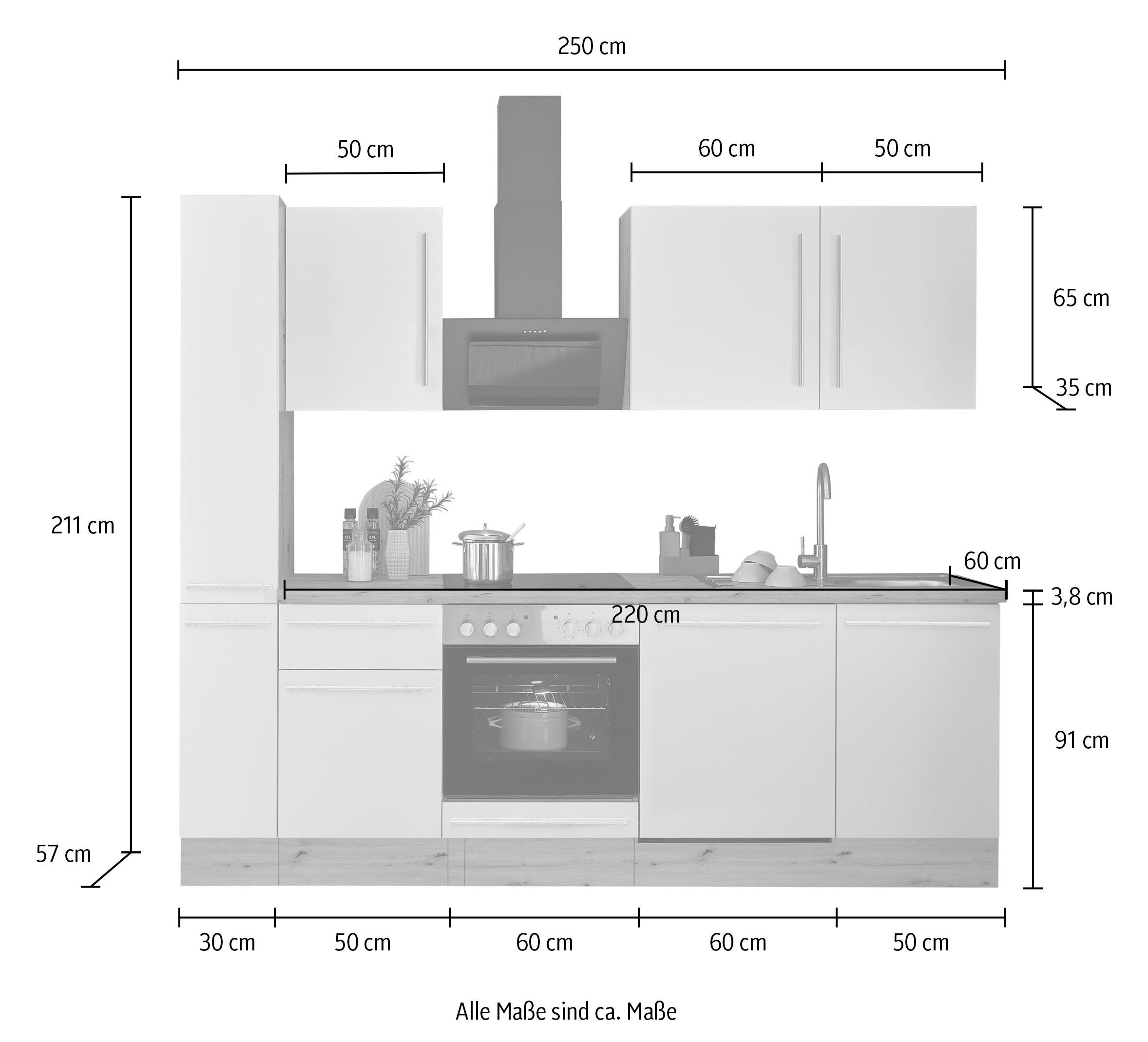KOCHSTATION Küchenzeile Florida, Breite 250 cm, wahlweise mit E-Geräten,Softclose für Türen/Schubkästen