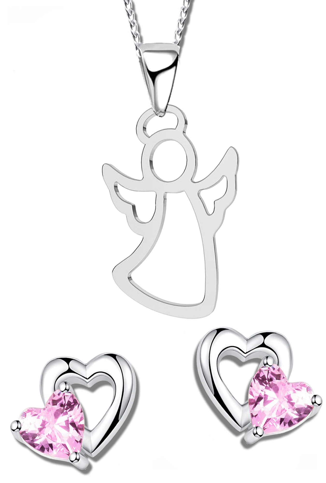 Limana Ювелірні виробиset Kinder Mädchen Set 925 Silber Engel rosa Herz Kette mit Ohrringe, Engelkette Halskette mit Ohrstecker Kinderschmuck Geschenk Idee