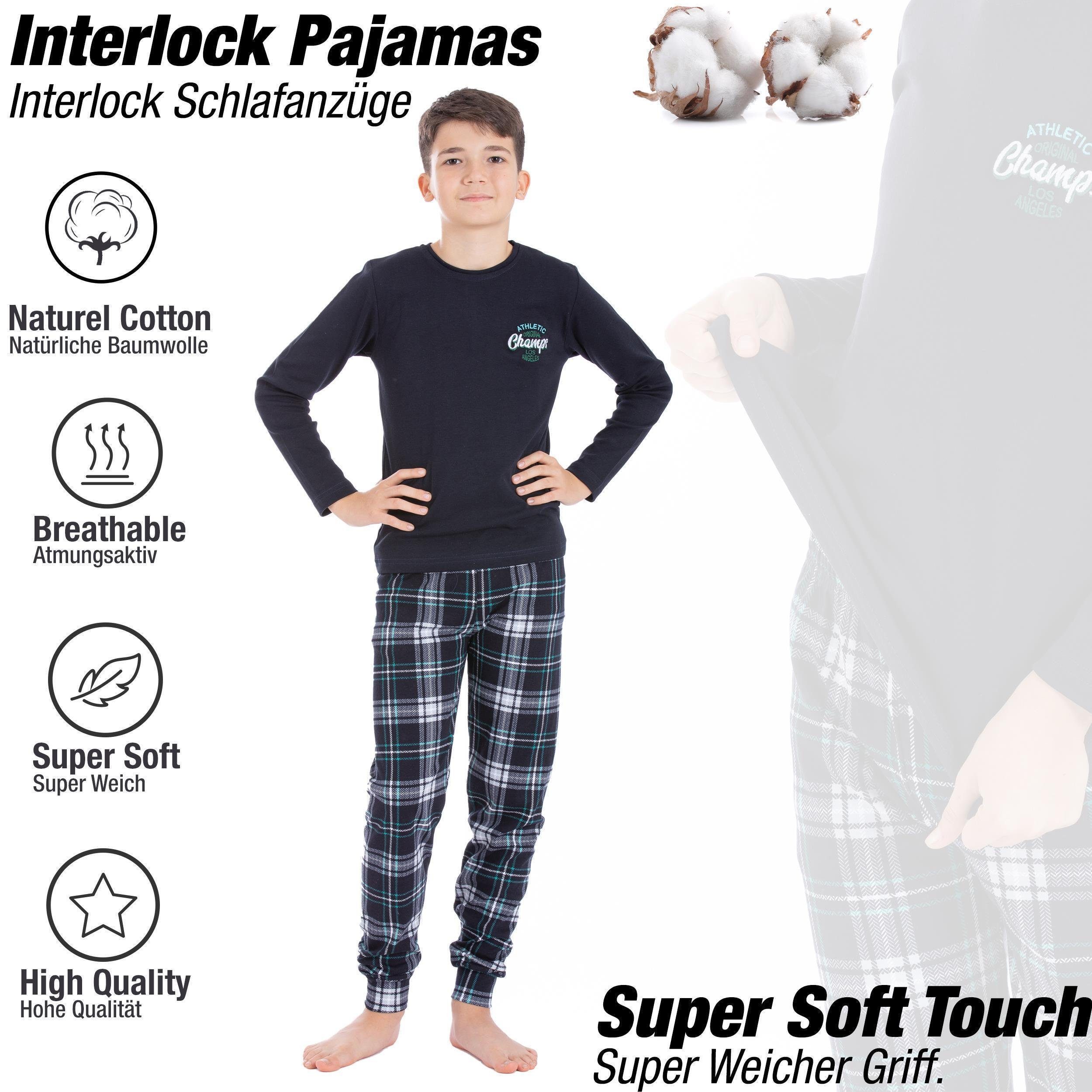 LOREZA Pyjama Jungen Schlafanzug Hausanzug langarm 100% Baumwolle Interlock kariert (Set, 2 tlg)