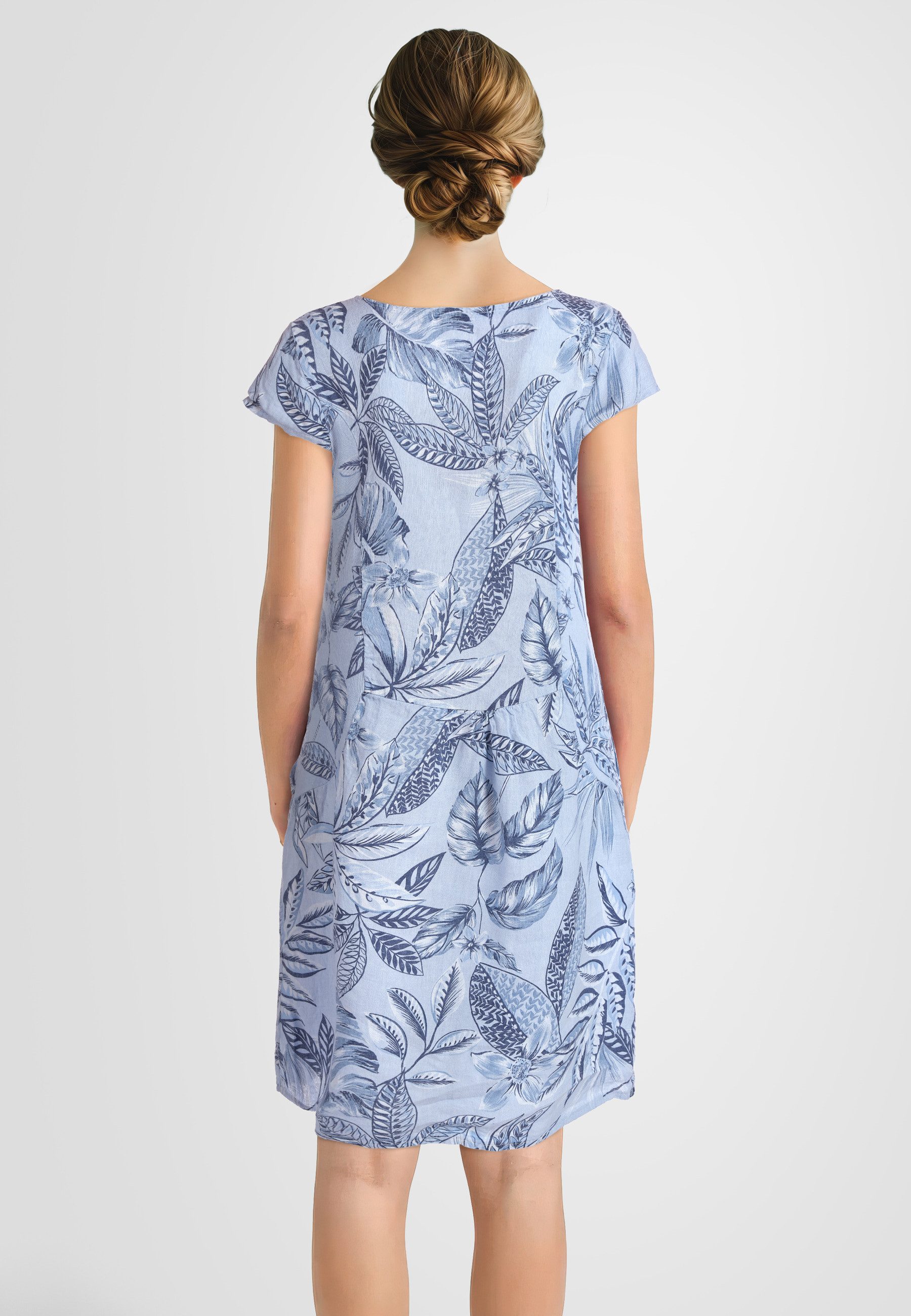 PEKIVESSA Sommerkleid Leinenkleid knielang kurzarm mit floralem Muster