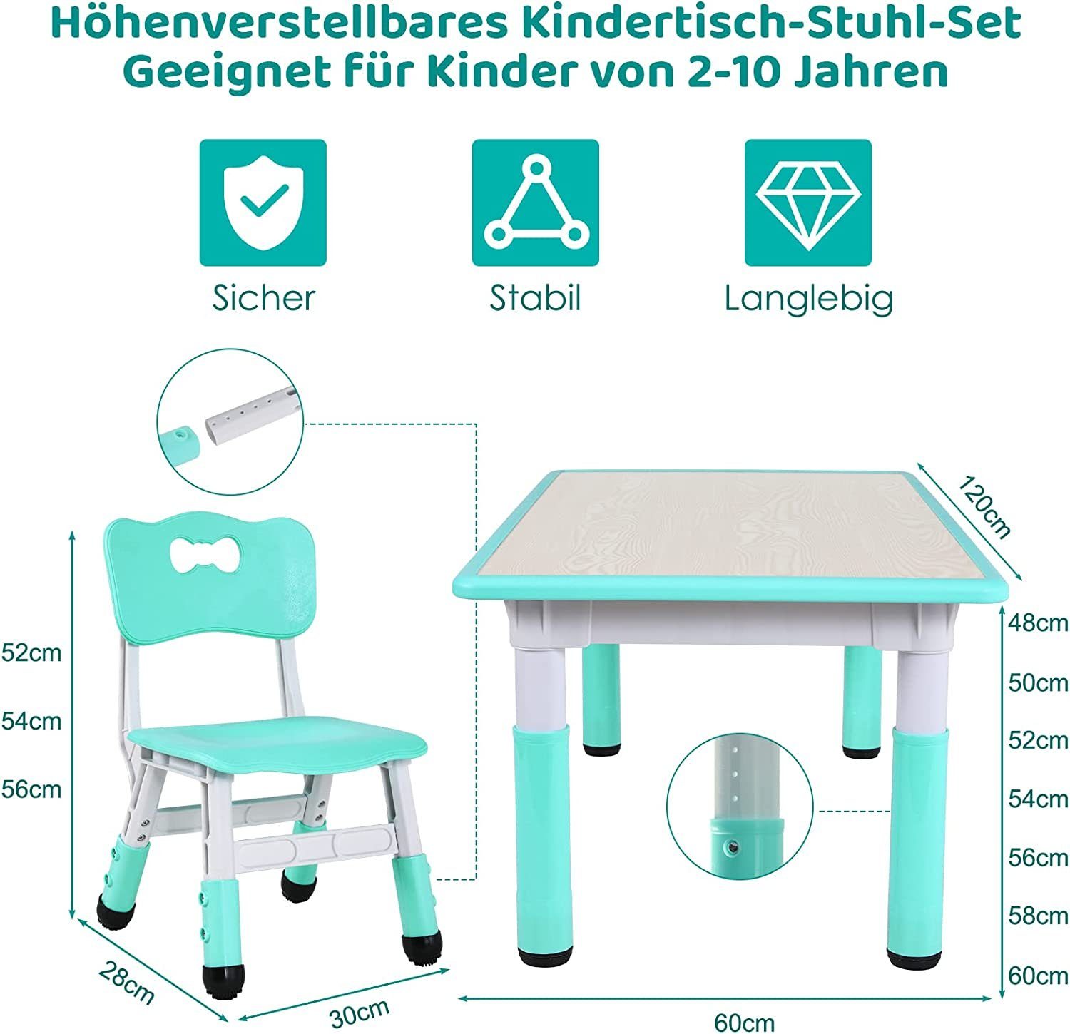 Kindersitzgruppe Minzgrün 4 Set TLGREEN Stühlen, Tisch Kindertisch Stuhl mit Höhenverstellbar