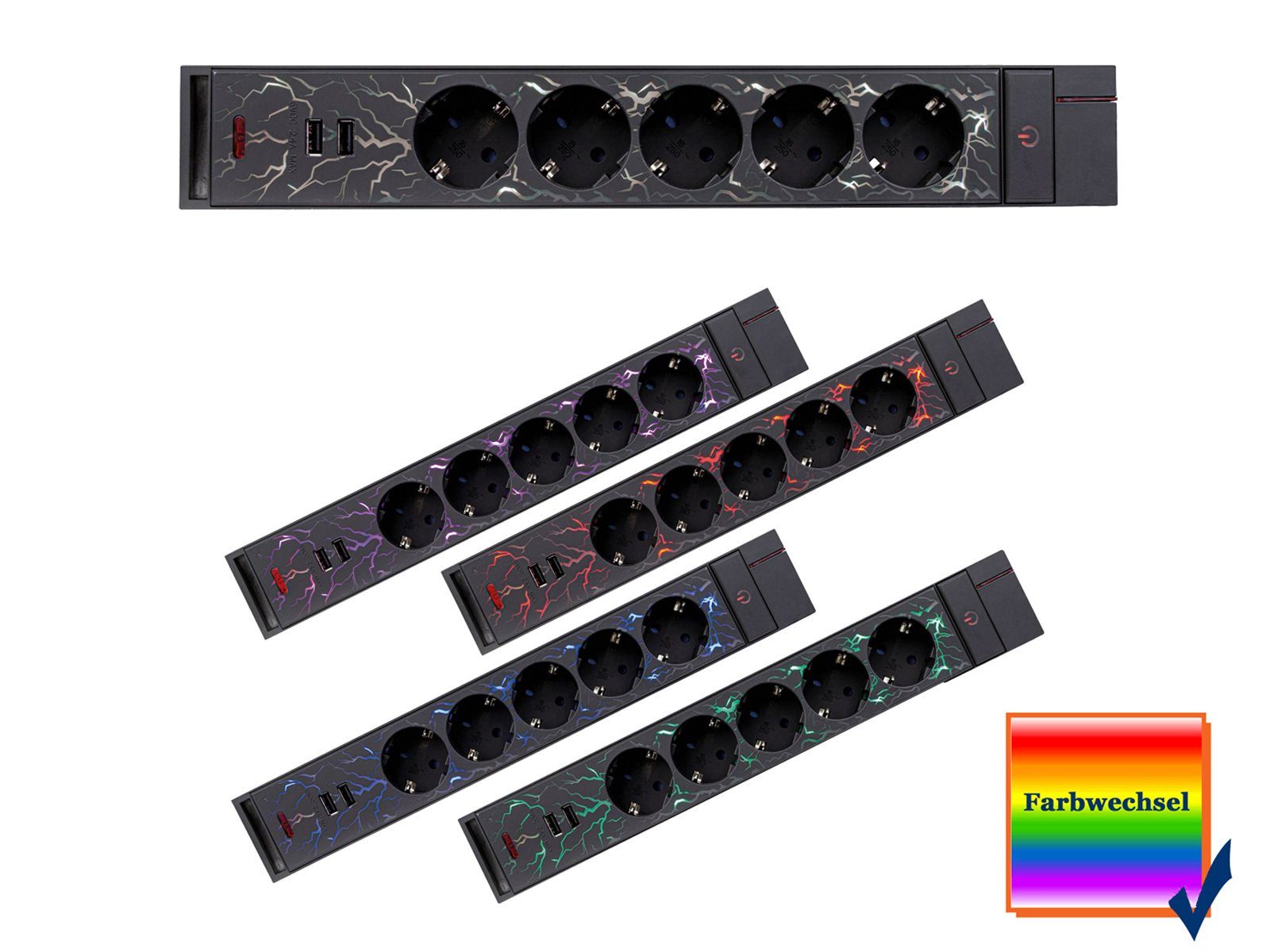 REV Mehrfachsteckdose (2x USB Anschluß, 5fach m), Gamer Farbwechsel Schalter schwarz 2-poliger Kabellänge Rutschfest, 140 LED Steckerleiste