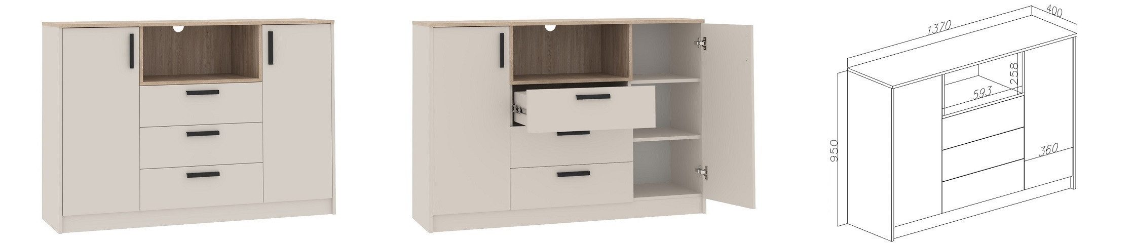 Marmex Möbel Kombikommode GRANT 17 Schubladenkommode mit zwei Schranktüren Wohnzimmer Flur, Scharniere-Soft-Close, Kabeldurchführung