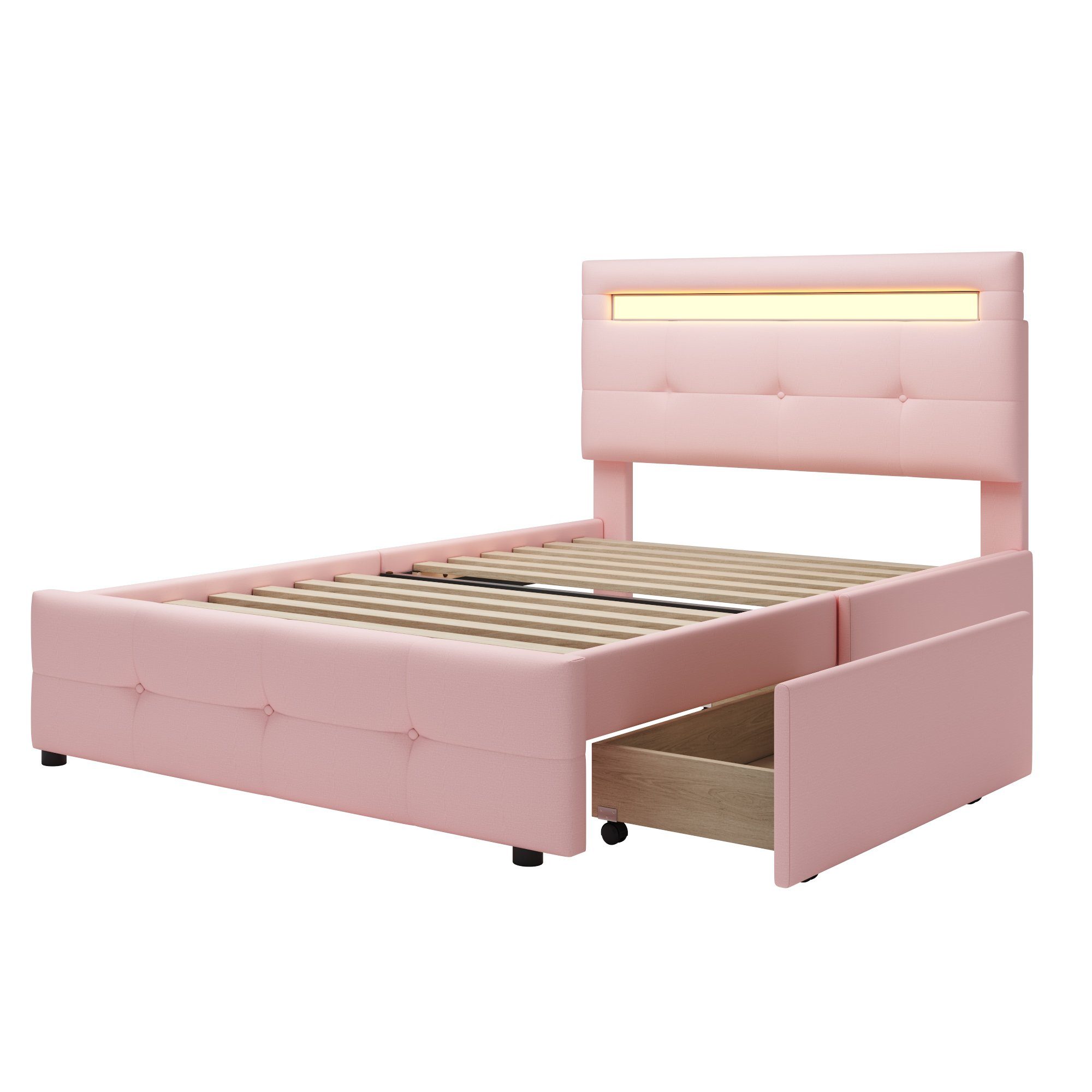 90*200cm ohne 2 WISHDOR LED-Leuchten, Schubladen, hautfreundlicher Einzelbett Polsterbett Bett (mit Jugendbett rosa Matratze flach), Kinderbett Leinenpolsterung