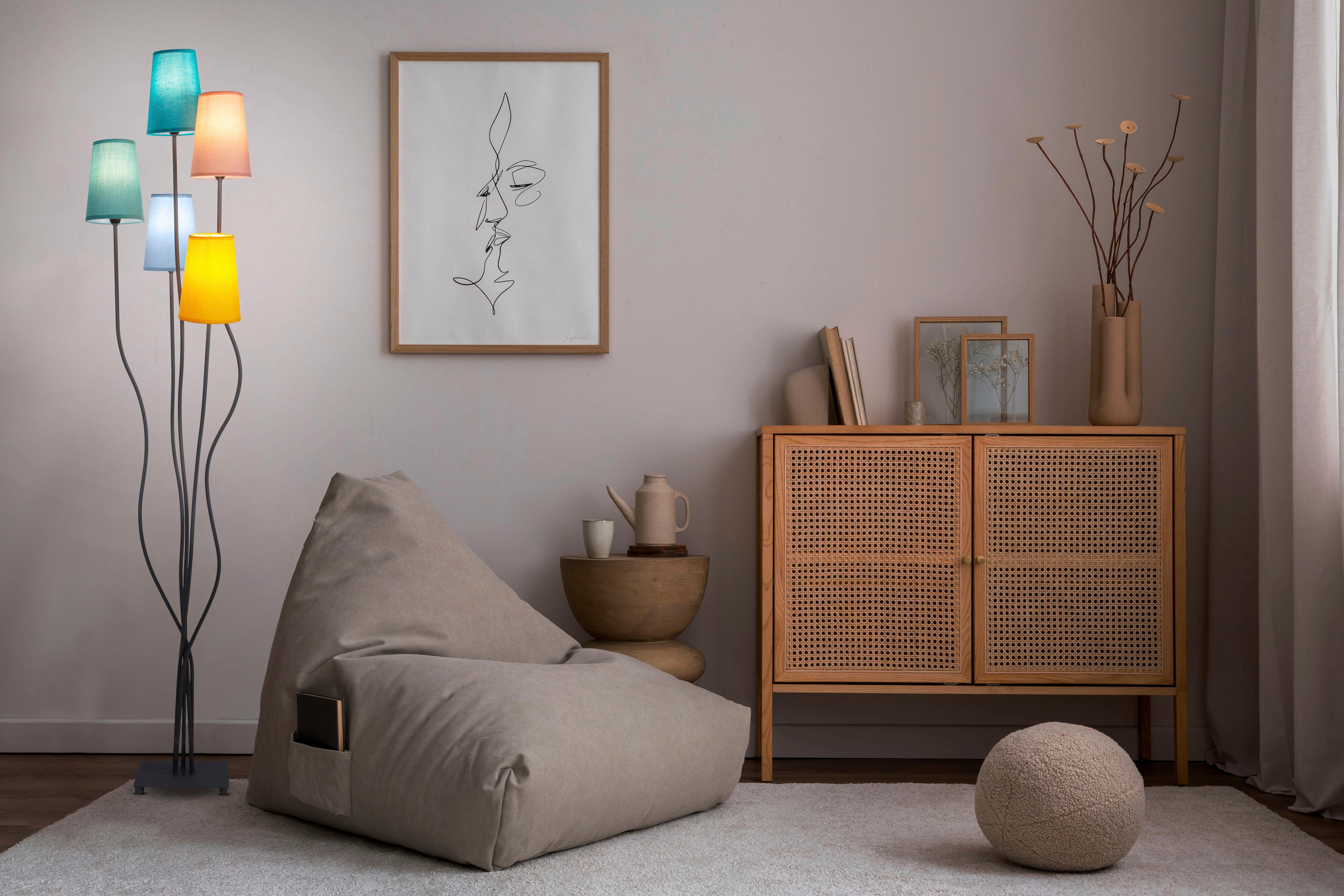 näve Stehlampe Colora, ohne Leuchtmittel, 5flg., E14. Textilschirme je 1x gelb, rose, blau, türkis, oliv