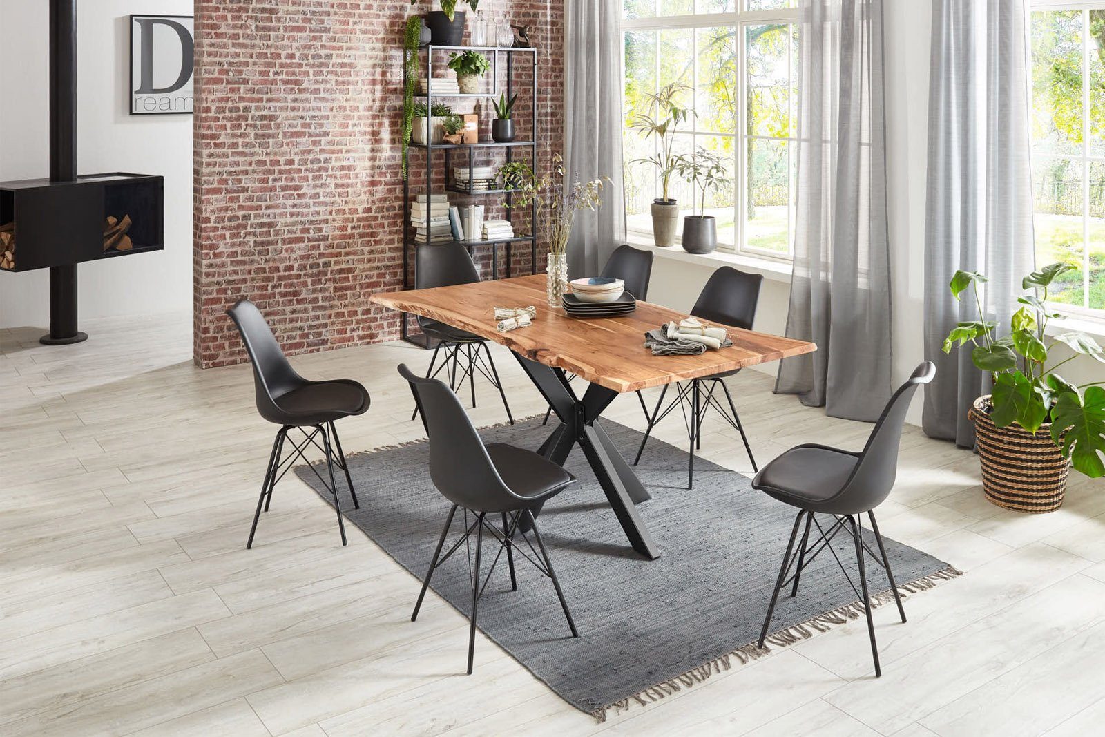 SAM® Essgruppe Harbor, Stühle massiv, 6 Baumkante Spider-Form Metallgestell Akazienholz, 