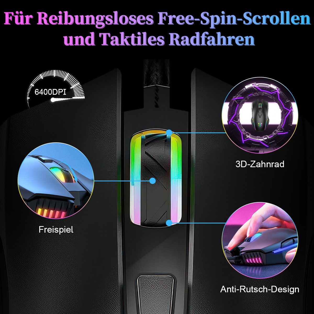 Novzep Computer Maus Gaming Maus 6400DPI 6 Modi RGB LED&DPI-Stufen,Wins/Mac Gaming-Maus (kabelgebunden, 7-Tasten Ergonomisch mit Kabel, für Büro, Alltag & Gaming)