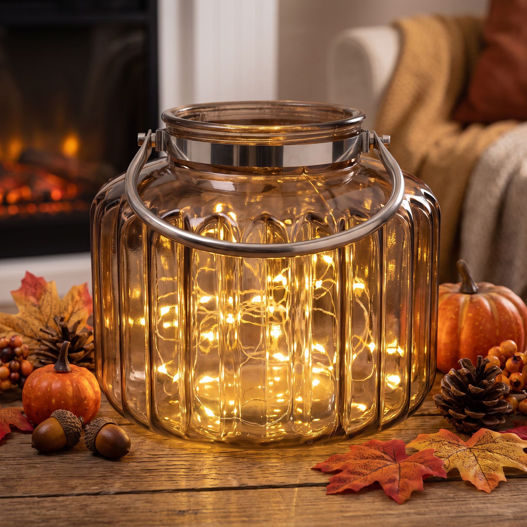 Levandeo® Windlicht, Windlicht Braun Glas H35cm Laterne Kerzenhalter Rillen Herbstdeko