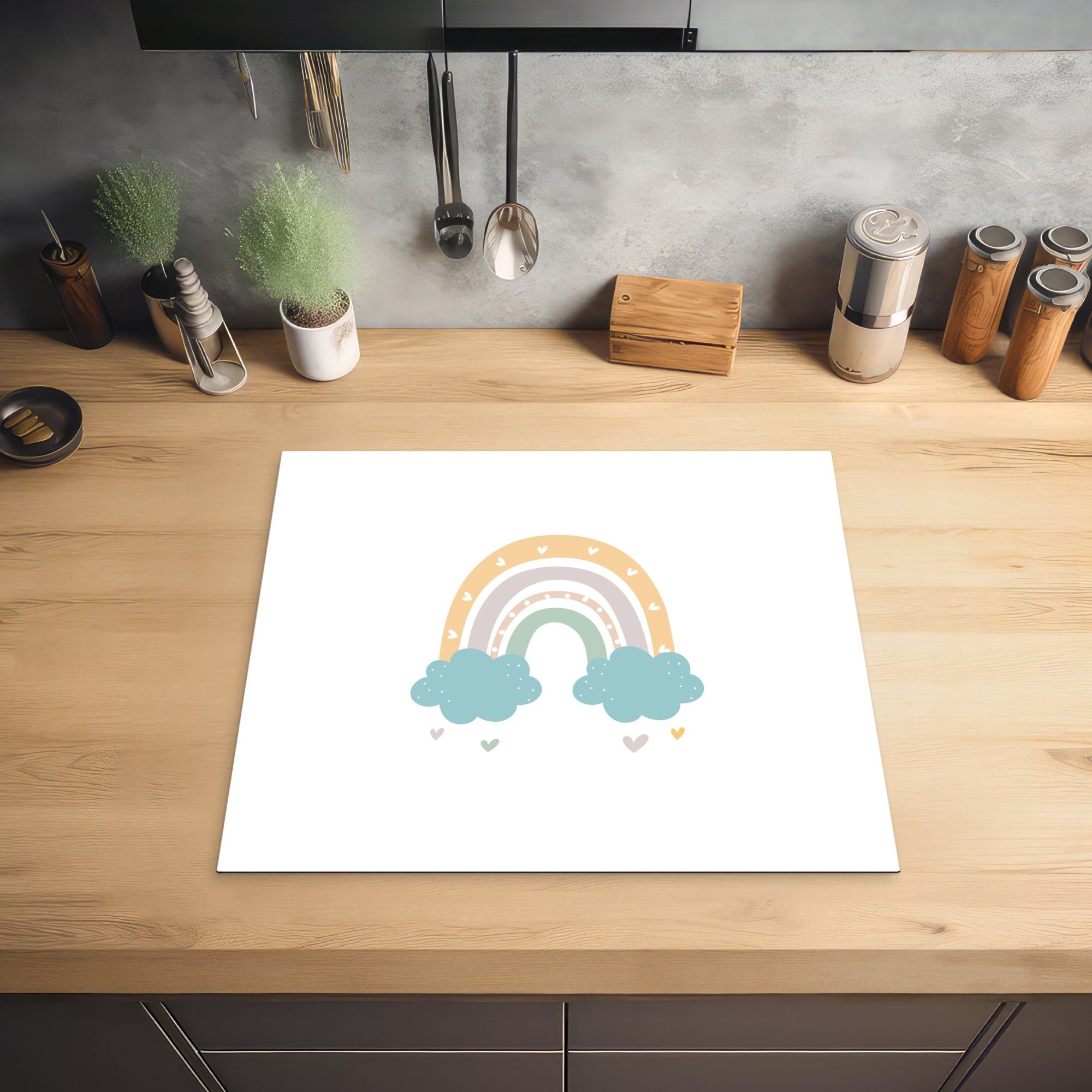 MuchoWow Herdblende-/Abdeckplatte Mobile Wolken Pastell Ceranfeldabdeckung Regenbogen nutzbar, - - Herzen cm, Kinder, - - - (1 Punkte tlg), 60x52 Vinyl, Arbeitsfläche