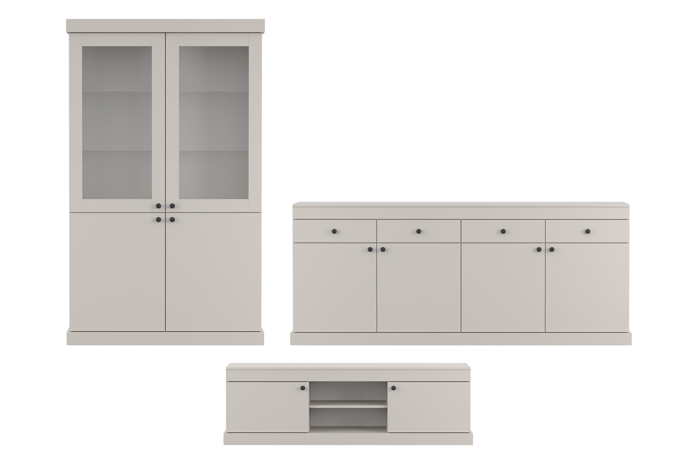 Deine Möbel 24 Wohnzimmer-Set FARO B, 3-tlg., (FRESSO-Kollektion, 3-St., Vitrine 4D, TV-Board, Kommode), viel Stauraum, Metallgriffe, Kaschmir/Schwarz