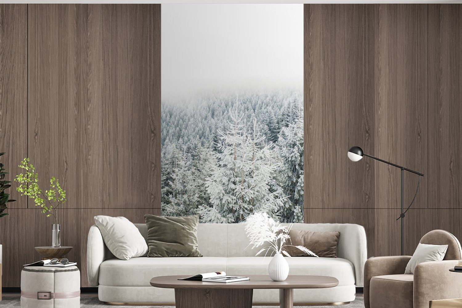 bedruckt, Vliestapete (2 Wald Tannenbaum, Fototapete Küche, - - MuchoWow Wohnzimmer - für Schnee Fototapete Jahreszeiten Matt, Winter - St), Schlafzimmer