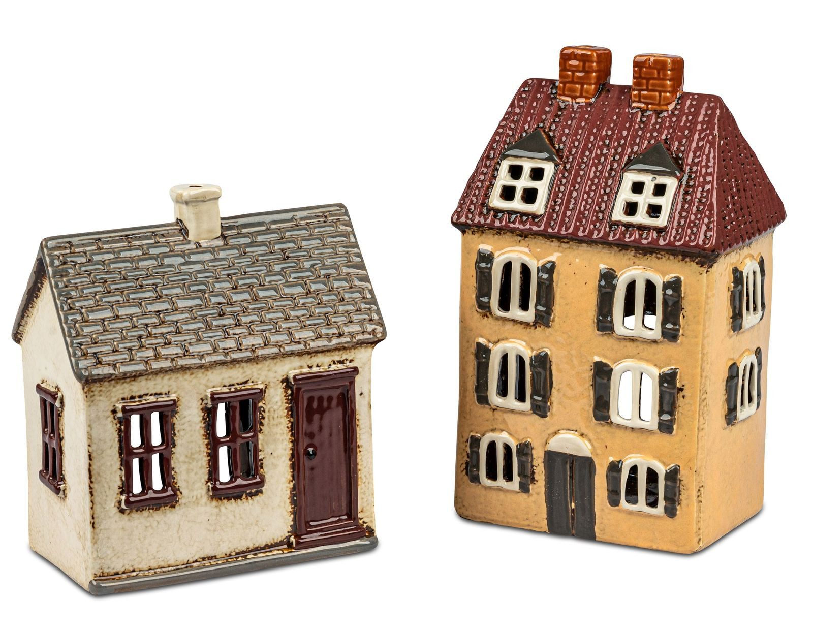 formano Teelichthalter mit Tablett 2er Set Windlichter Häuser 17+22 cm Steinzeug Handbemalt Teelicht Haus (Sparset)
