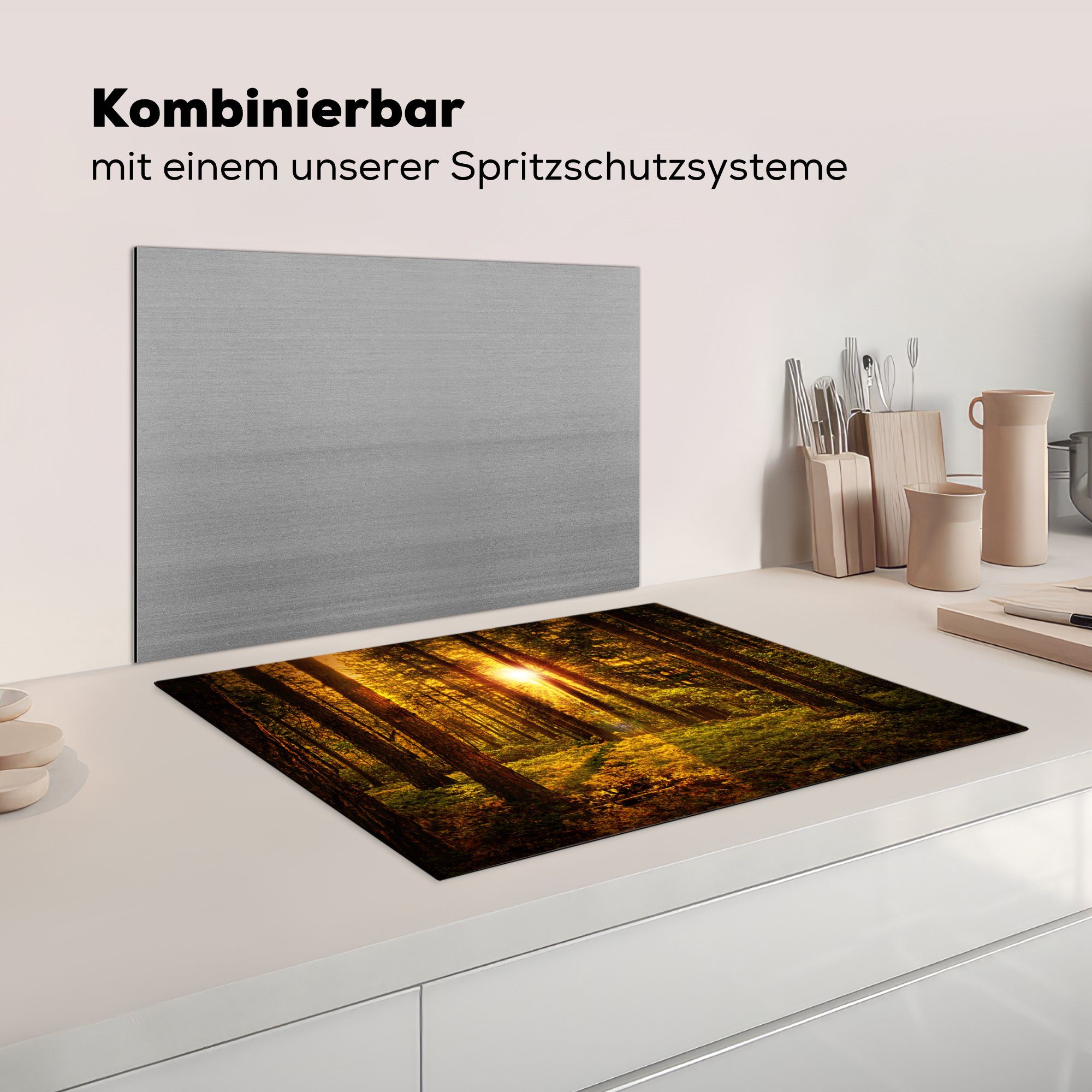 Vinyl, Natur Ceranfeldabdeckung nutzbar, - MuchoWow - tlg), cm, Wald Herdblende-/Abdeckplatte Sonne Arbeitsfläche - Bäume 70x52 (1 - Mobile Sonnenuntergang,