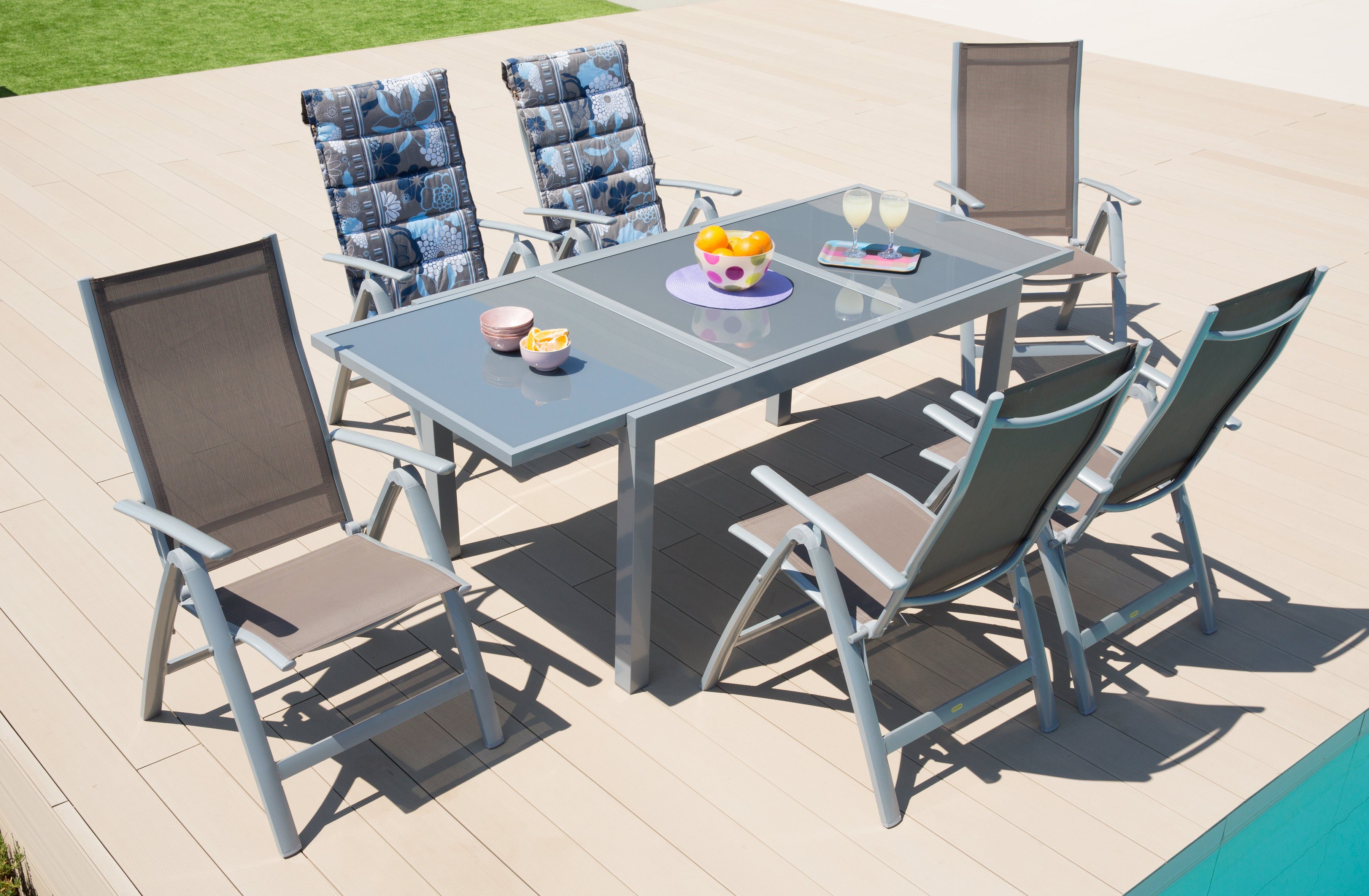 Hochlehner, cm, 6 Tisch (7-tlg), Garten-Essgruppe MERXX Amalfi, ausziehbarer 90x140-200 Alu/Textil