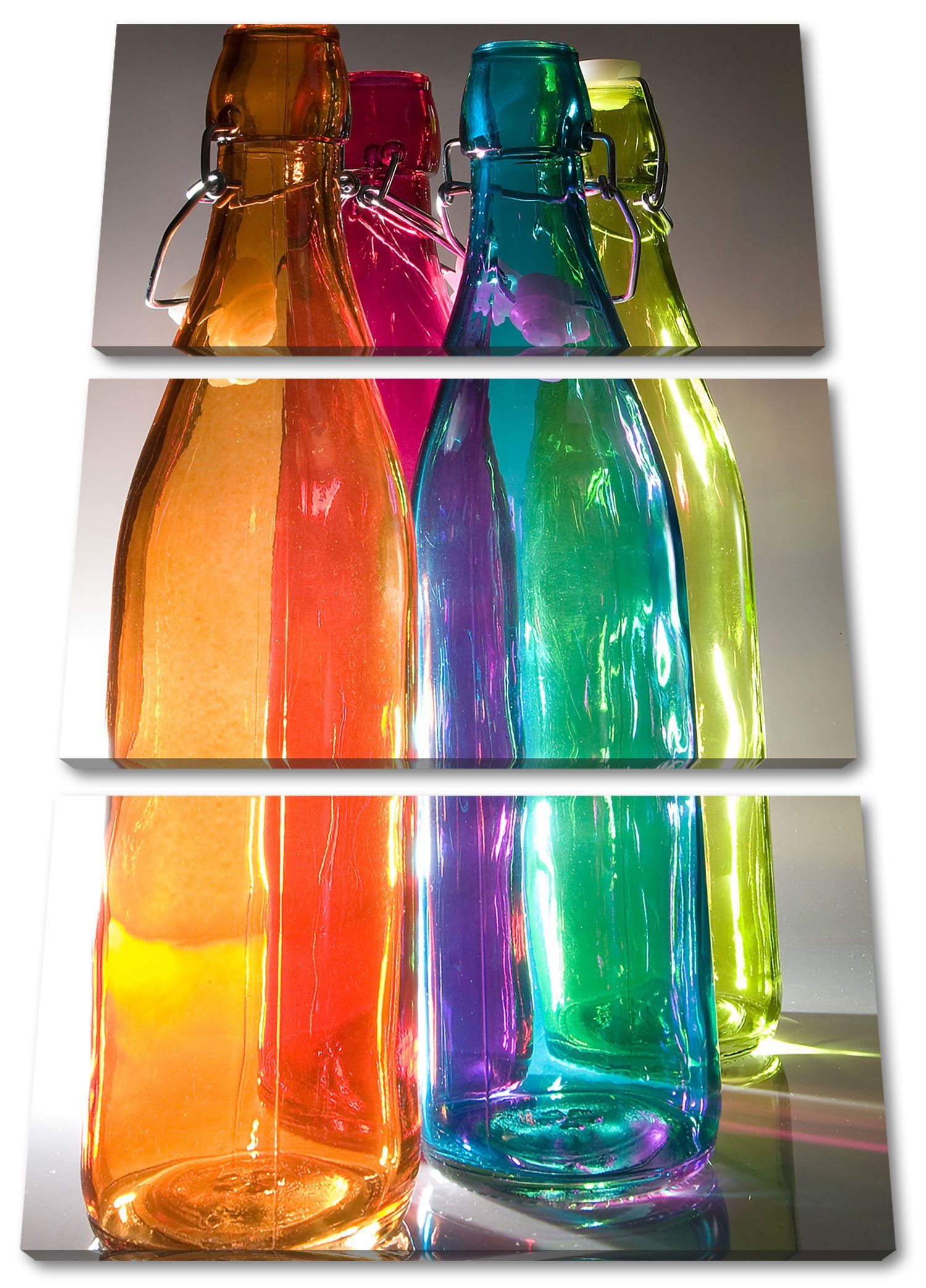 (120x80cm) bunte inkl. bespannt, fertig Zackenaufhänger bunte 3Teiler Glasflaschen, Pixxprint Leinwandbild Glasflaschen St), Leinwandbild (1