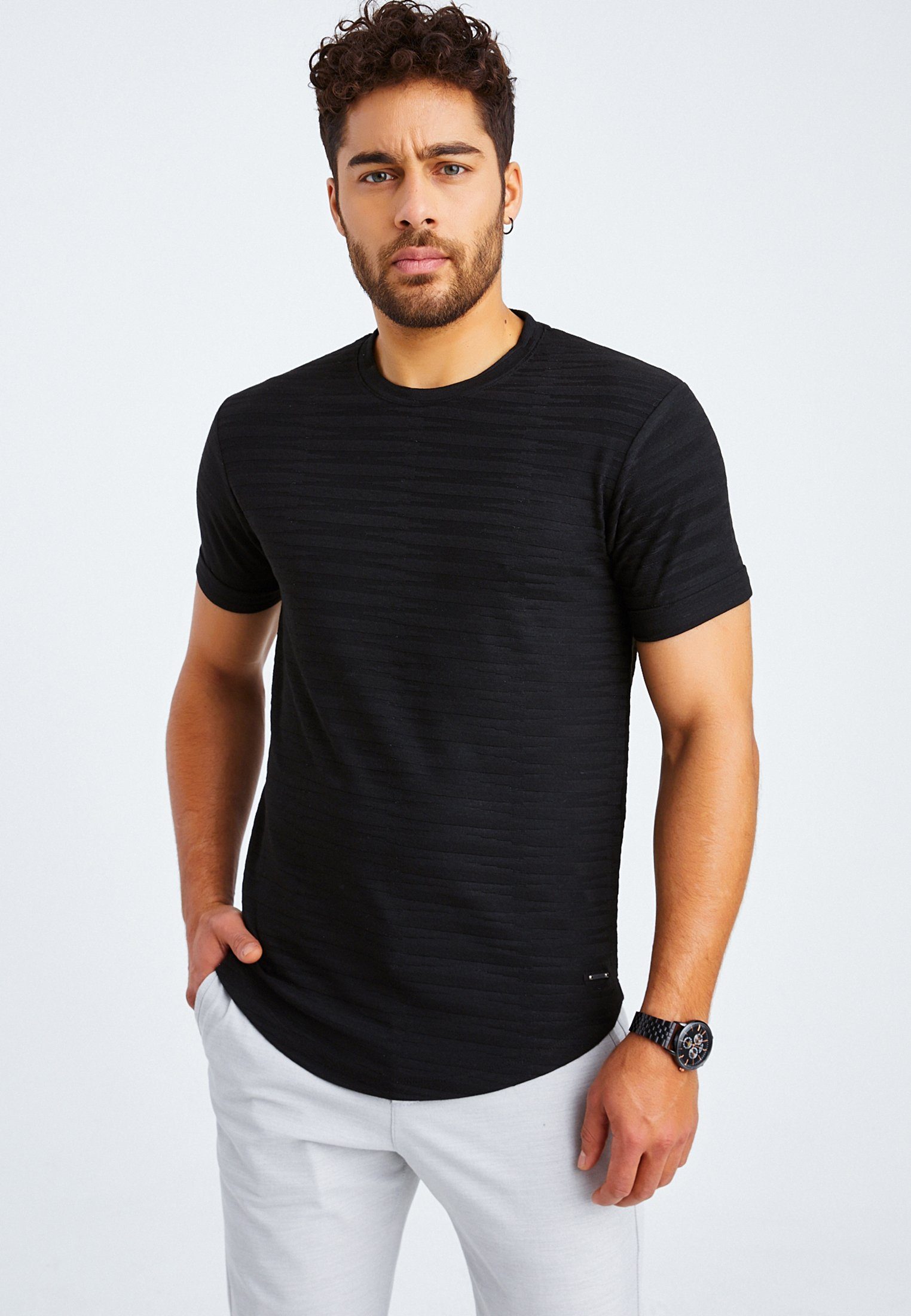 Leif Nelson T-Shirt Herren T-Shirt Rundhals LN-55285 normal schwarz