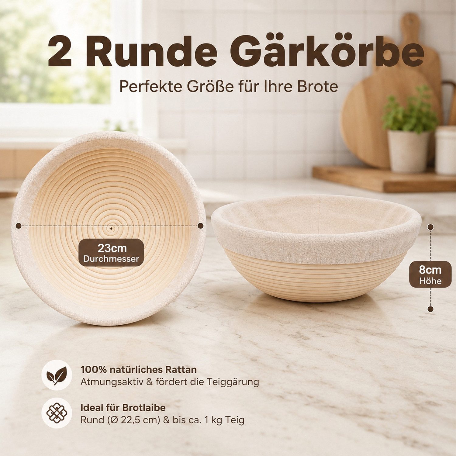 HEYHIPPO Gärkorb 2er Set Banneton Gärkorb 23×8 cm, Sauerteigkorb mit 6 Zubehörteilen, (Set 9-tlg), Rattan Gärkorb Set, Sauerteig Brotbackset mit Teigschaber & Rezeptbuch