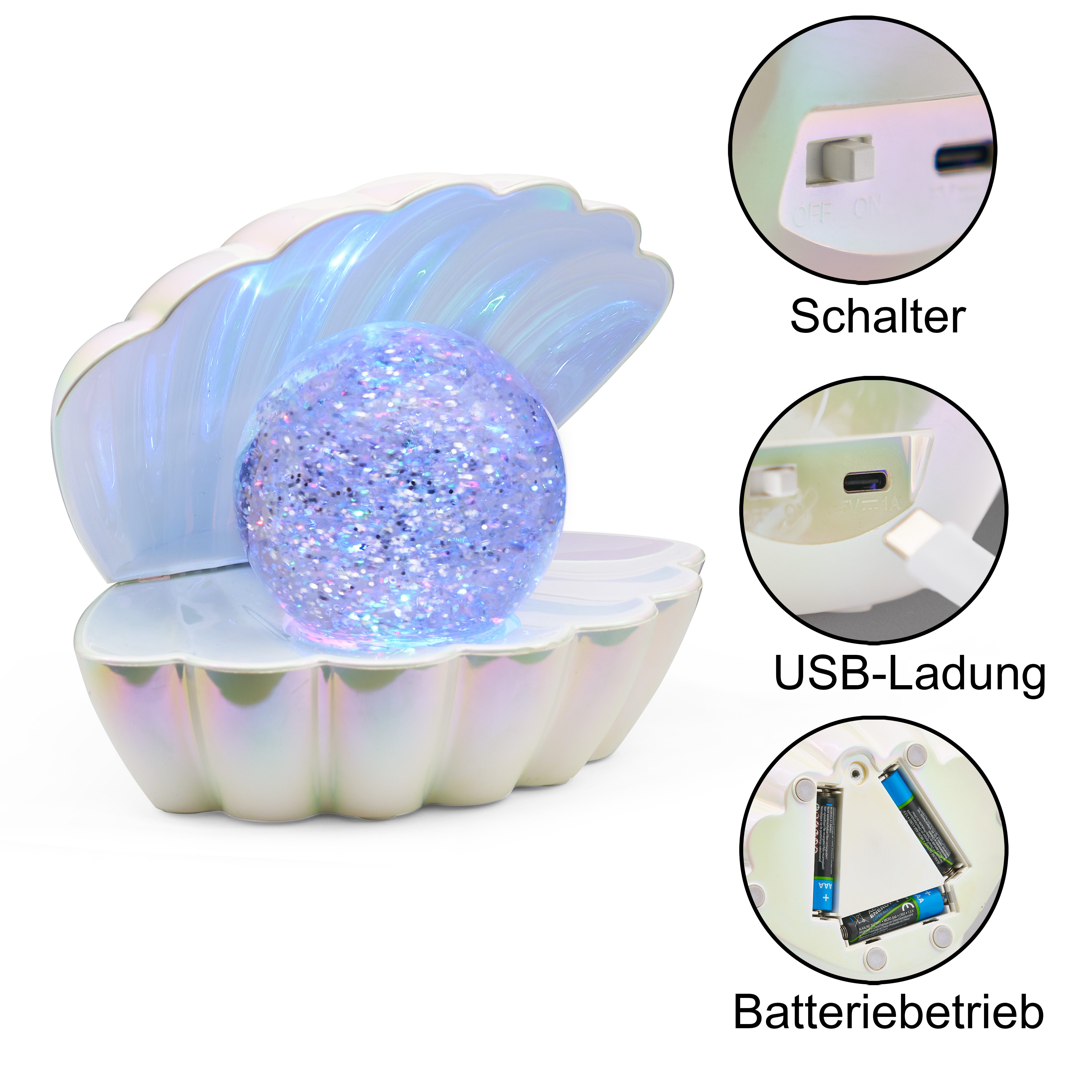 Reality Leuchten LED Tischleuchte SHELLY, Deko Tischlampe in Muschelform mit RGB Farbwechsel, 0,8W 15Lm, Ein-/Ausschalter, Farbwechsel, USB-Ladefunktion, LED fest integriert, RGB, Muschel Tischlampe mit Glitzerkugel und Farbwechsel inkl USB-Ladekabel
