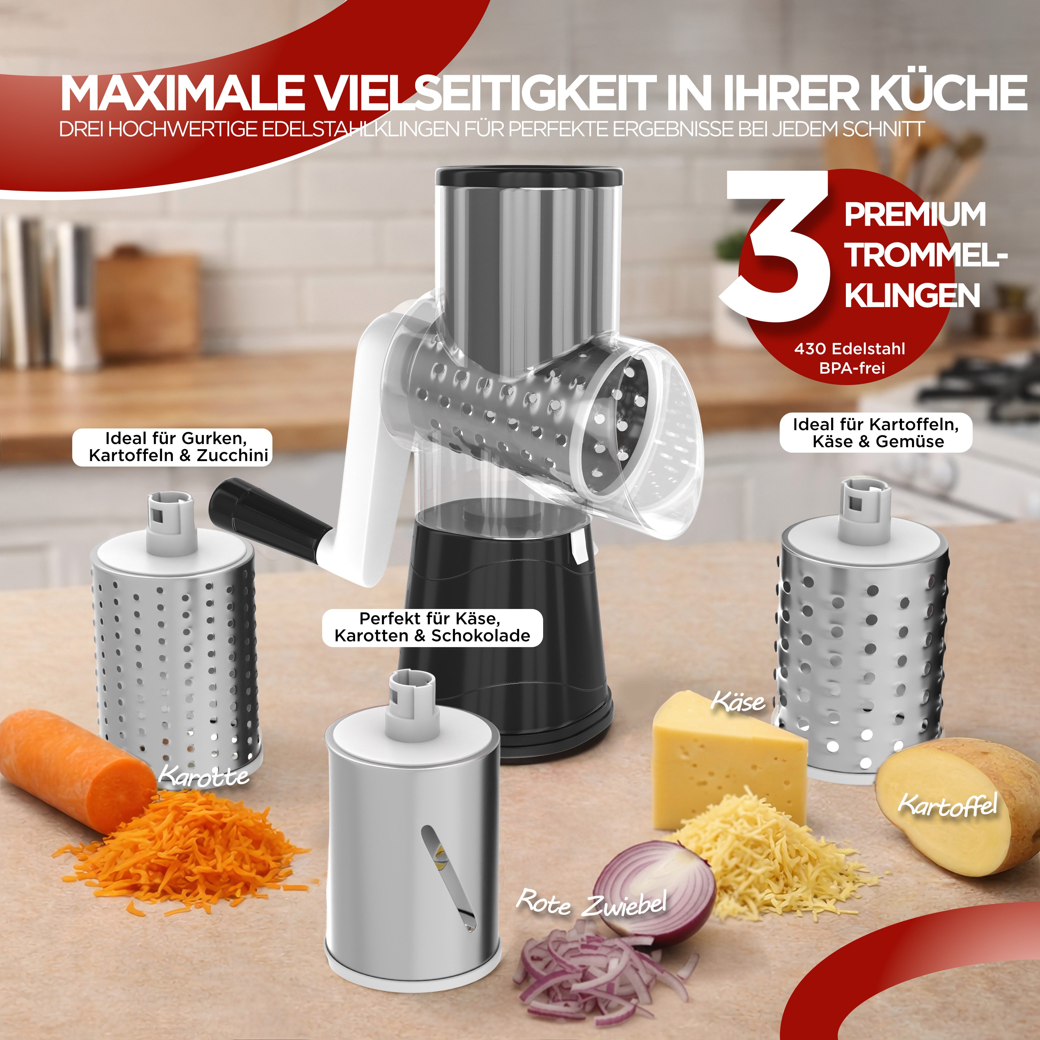 BI International Gemüseschneider Gemüseschneider mit Kurbel, Trommelreibe mit 3 Edelstahl-Klingen