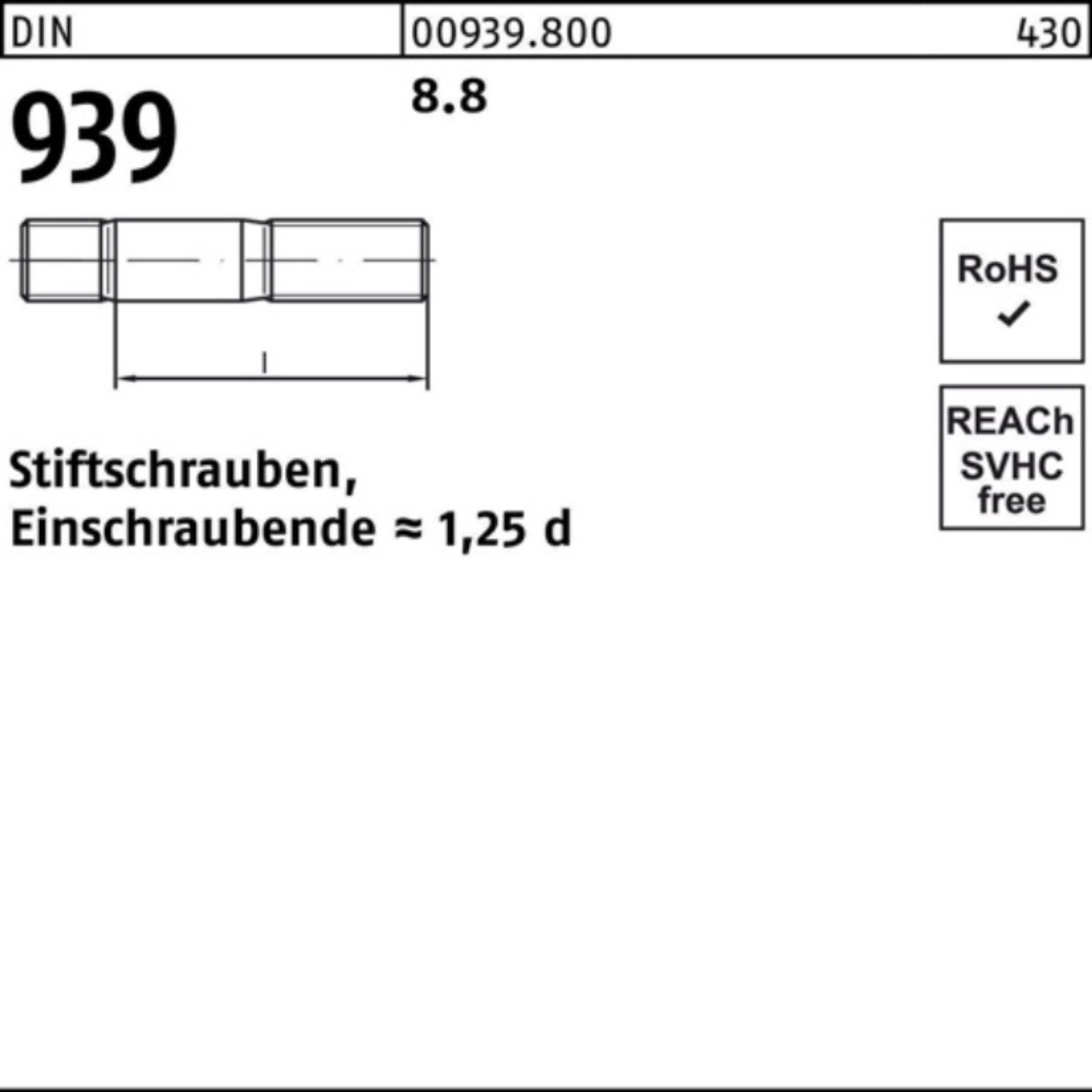 Reyher Stiftschraube 100er Pack 10 S 939 M20x DIN Stiftschraube 8.8 60 Einschraubende=1,25d