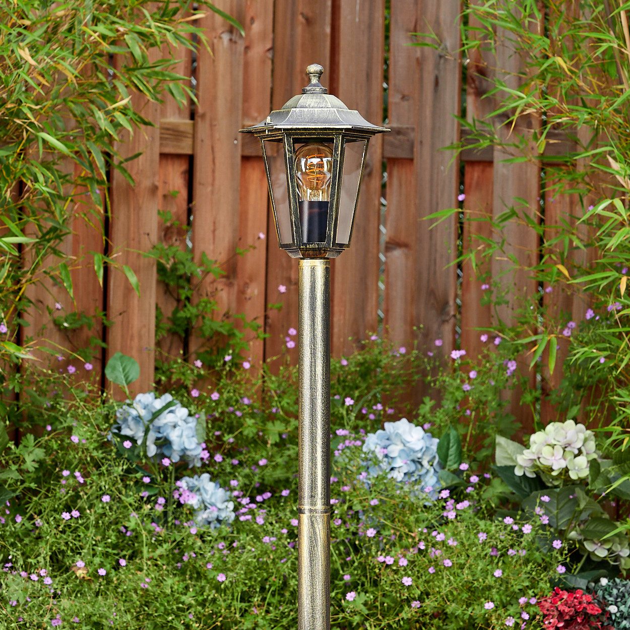 hofstein Pollerleuchte Wegeleuchte aus Metall/Glas in Gold-Braun/Klar, ohne Leuchtmittel, antike Außenleuchte, Gartenlampe, Gartenbeleuchtung IP44, 1 x E27