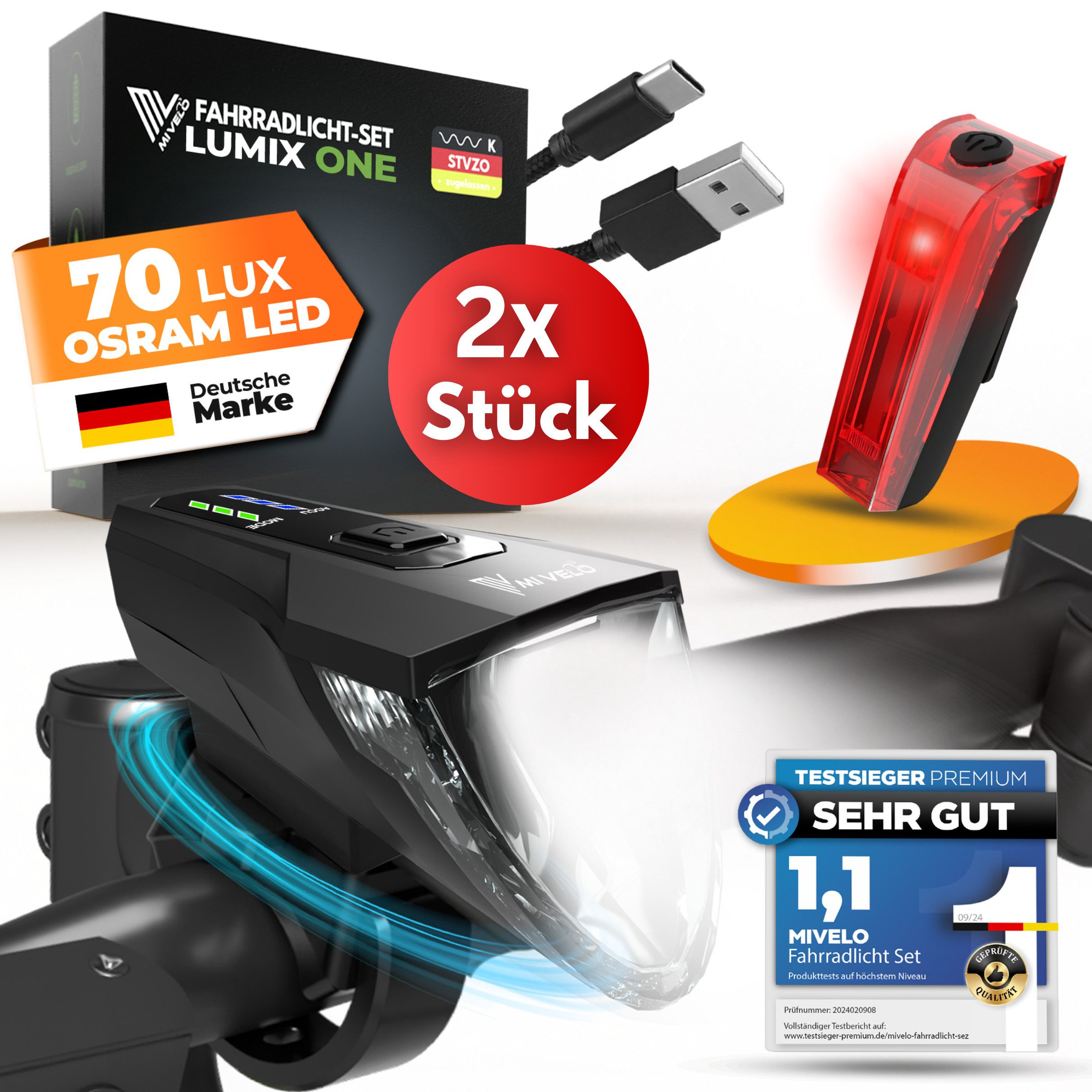 MIVELO Fahrradbeleuchtung LUMIX Fahrradlicht LED Set 70 LUX - Akku USB aufladbar wasserdicht, OSRAM LED