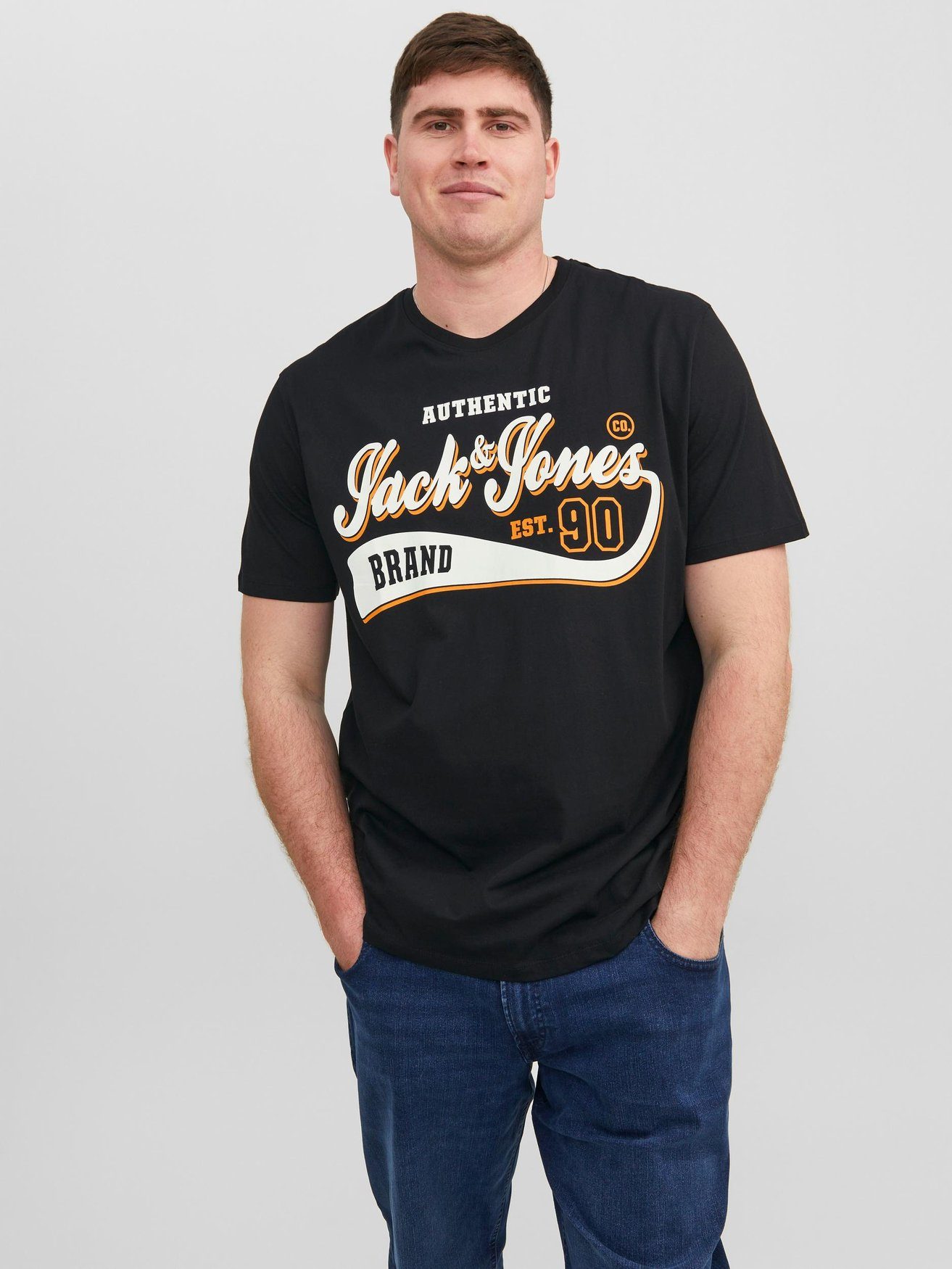Übergröße Jones Logo T-Shirt JJELOGO & Grau-Schwarz (2-tlg) 5653 T-Shirt Kurzarm Shirt Jack Set in 2-er