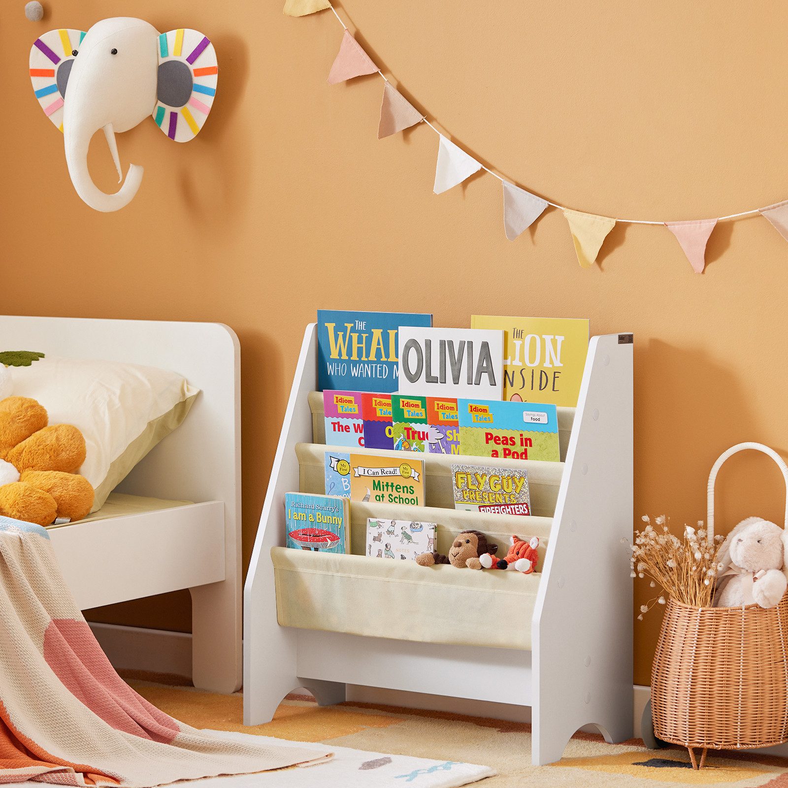 SoBuy Bücherregal FRG225, Spielzeugregal Spielzeugtruhe für Kinderzimmer, Spielzimmer, Kinderbücherregal mit 4 Ablagefächern Hängefächerregal Zeitungsständer