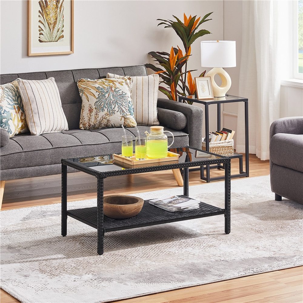 Yaheetech Gartentisch Kaffeetisch aus Rattangeflecht und Hartglas, Balkontisch mit Ablage & Platte für Indoors/Outdoors, Schwarz