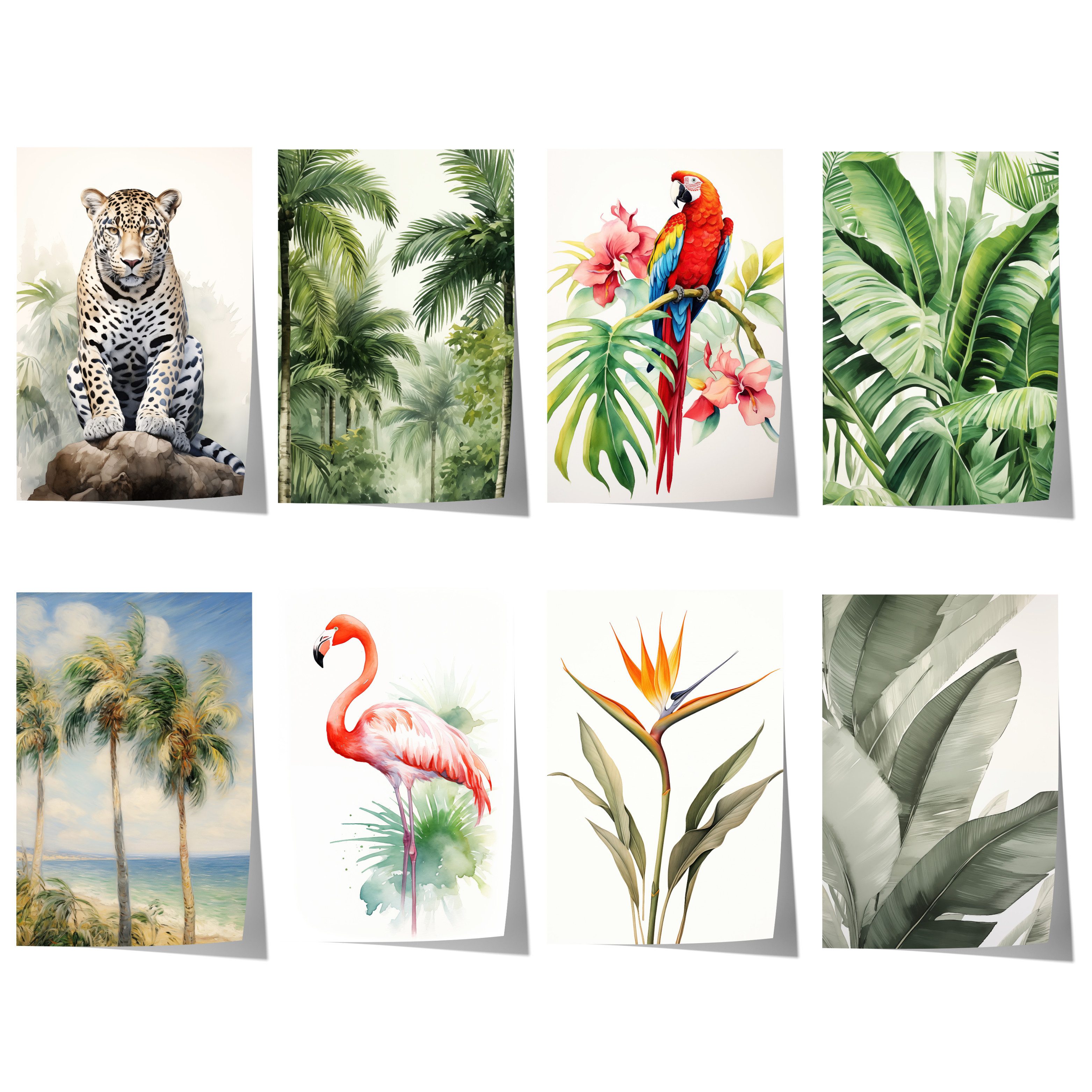 JUSTGOODMOOD Poster Dschungel Tiere Geschenkidee Aquarell mit Leopard Papagei und Flamingo, A (1 St)
