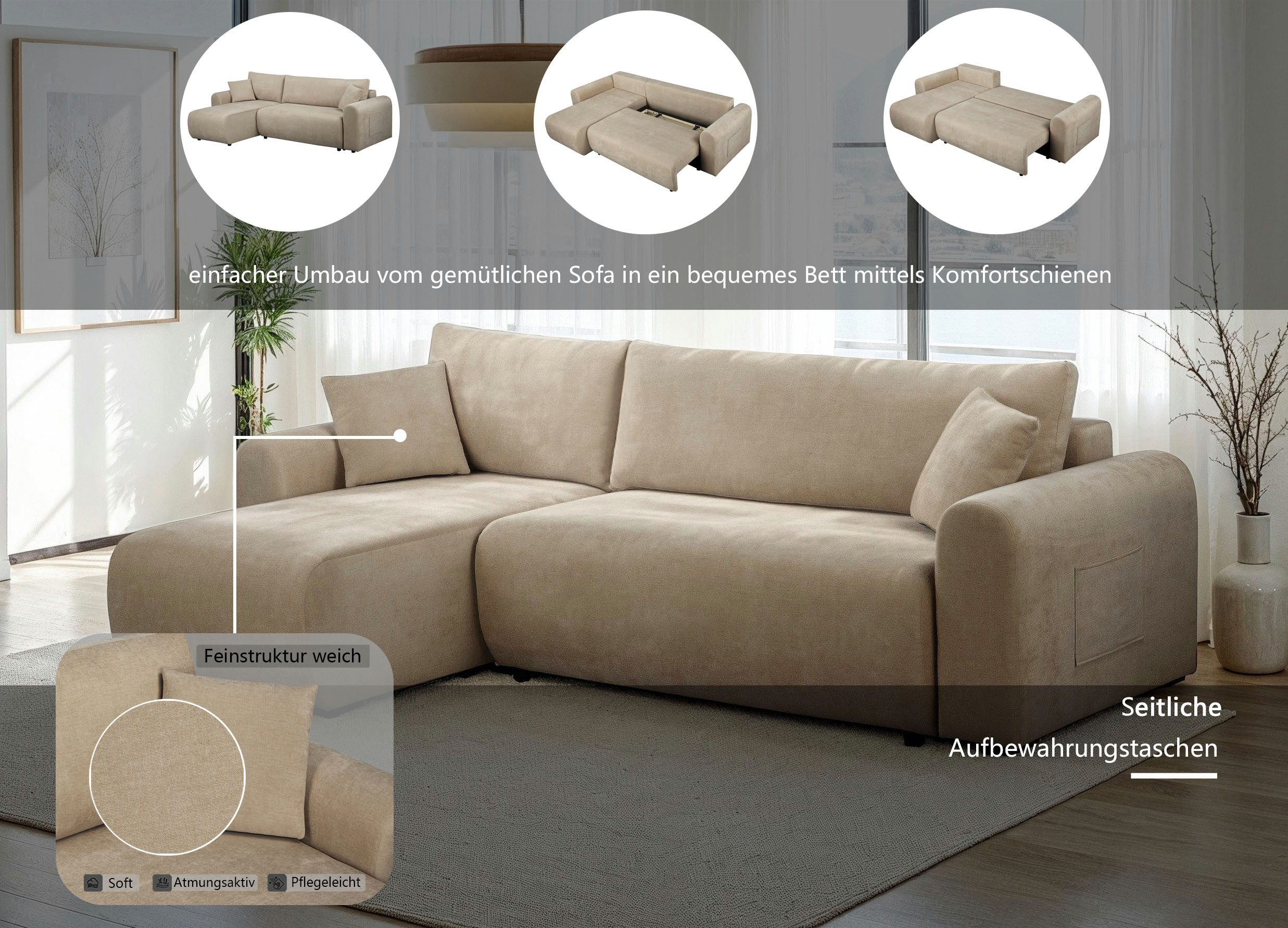 OTTO home Ecksofa JONAA L-Form, 241cm - OTTO. Verlässliche Qualität., Schlaffunktion(133/200), Bettkasten, Cord, Struktur, Unser Tiefpreis