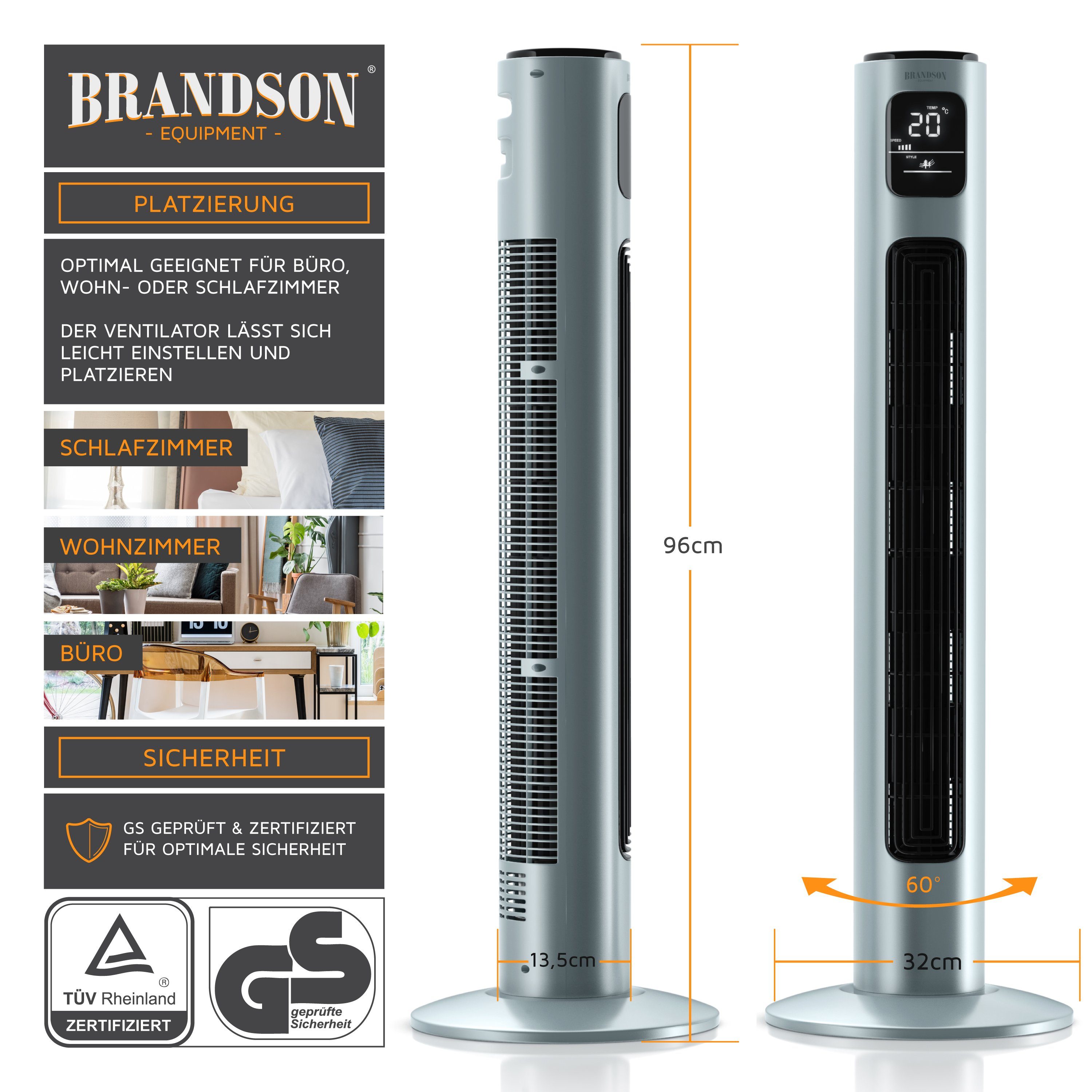 Brandson Turmventilator, Standventilator 96cm, Oszillation Eisgrau Timer, 65°, Fernbedienung