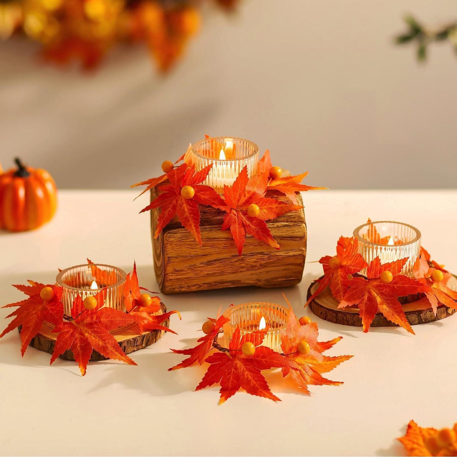 LuxusKollektion Teelichthalter Teelichthalter Glas Set 4 Herbst Girlande (4 St)