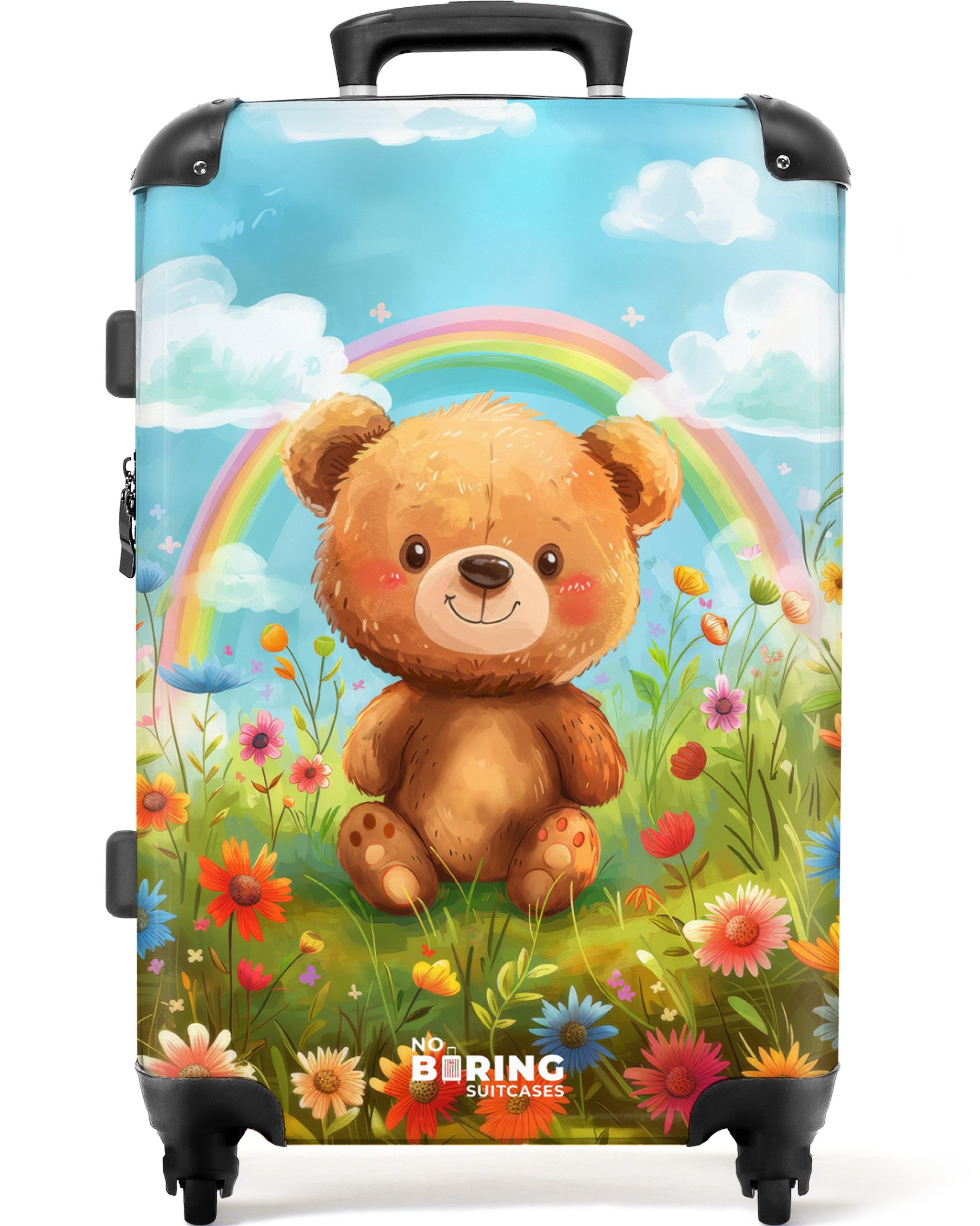 NoBoringSuitcases.com© Kinderkoffer mit leuchtende Räder - Brauner Teddybär vor einem Regenbogen in einem, 4 Rollen, Mittelgroßer Reisetasche mit Rollen für 20kg, Kinderkoffer