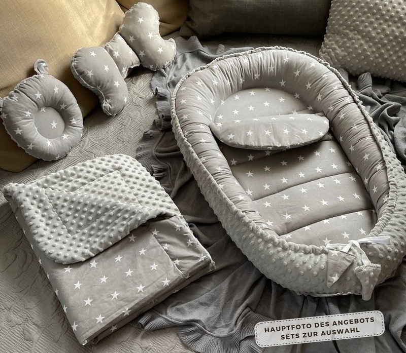 Loolay Bettnestchen MINKY/ Baumwolle BABYNEST Babykokon Geschenk Babyaustattung SETS, (MUSTER: Sterne GRAU/ MINKY Grau; SOLO oder im SETS, 1-tlg., PREMIUM BABYGESCHENK Neugeborene Nestchen, Babynestchen, Reisebett), LOOLAY® - 100% Europäische Stoffe und Kleinserien-Nähen!