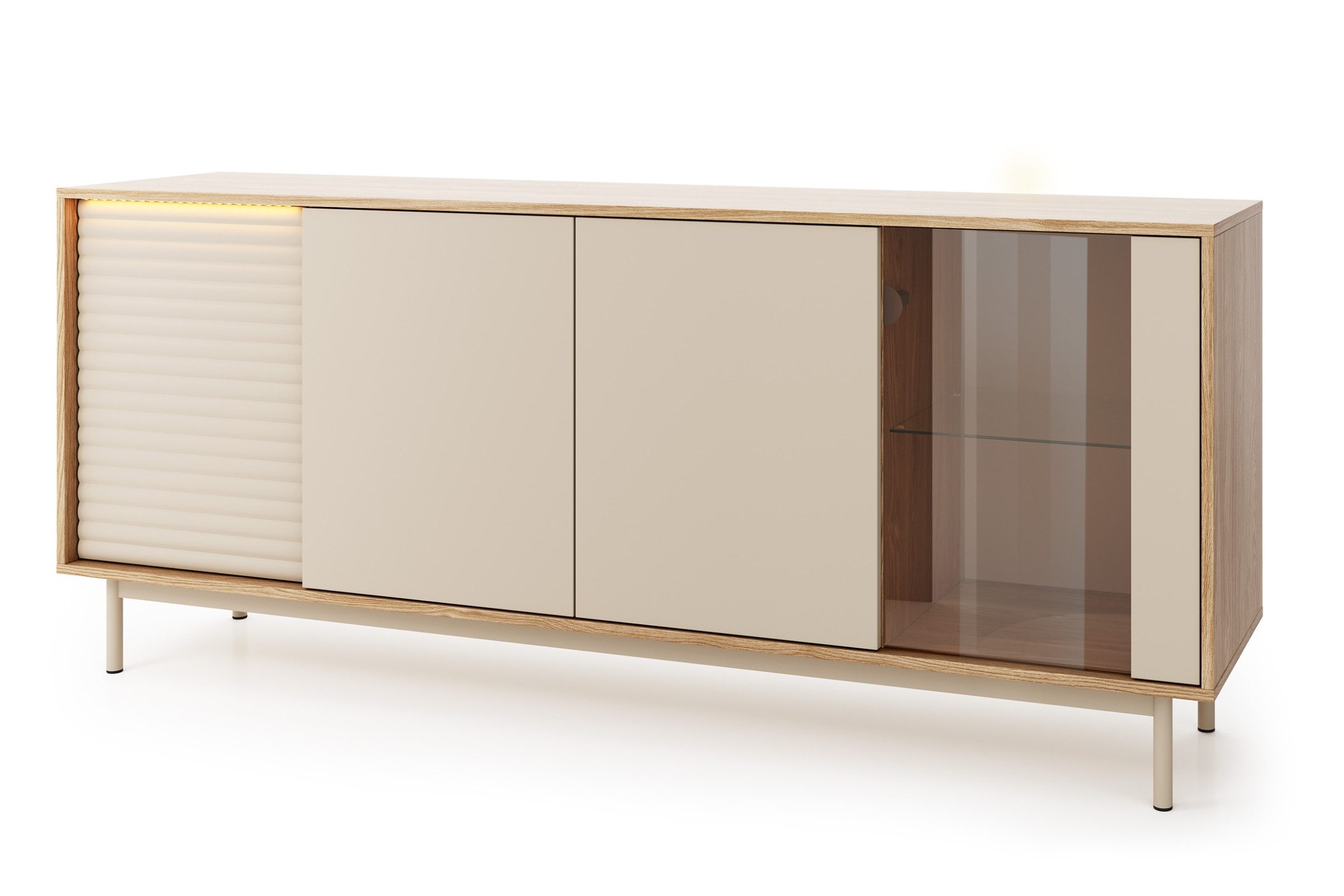 Deine Möbel 24 Kommode TOGY 02 184cm breit mit LED-Beleuchtung (Wohnzimmer-Set, 1 St., Teil einer modernen Wohnzimmermöbel-Kollektion), teilweise Glasfront, integrierte LED-Beleuchtung, geriffelte Fronten