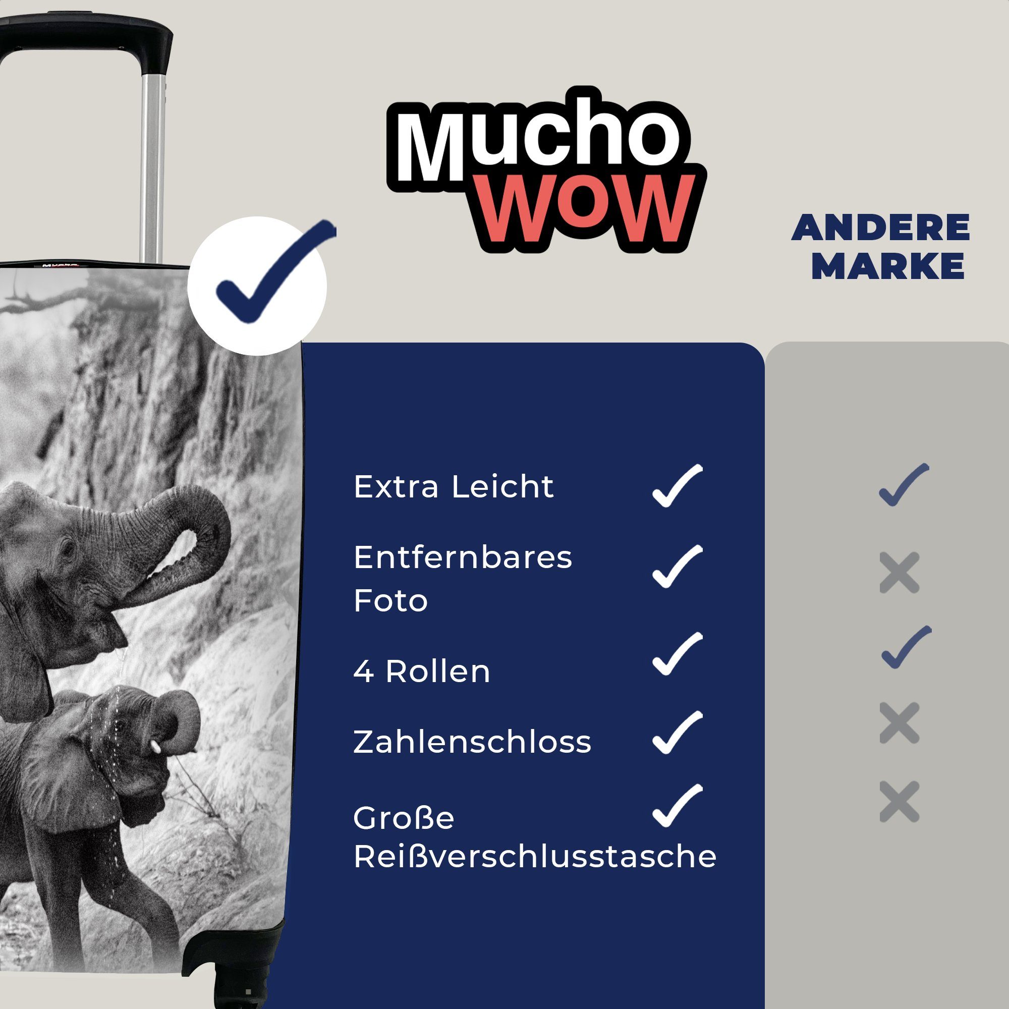MuchoWow Handgepäckkoffer Trinkendes Elefantenbaby 4 Mutter mit Weiß, Schwarz Trolley, Ferien, rollen, Handgepäck Reisetasche mit und Reisekoffer Rollen, für in seiner