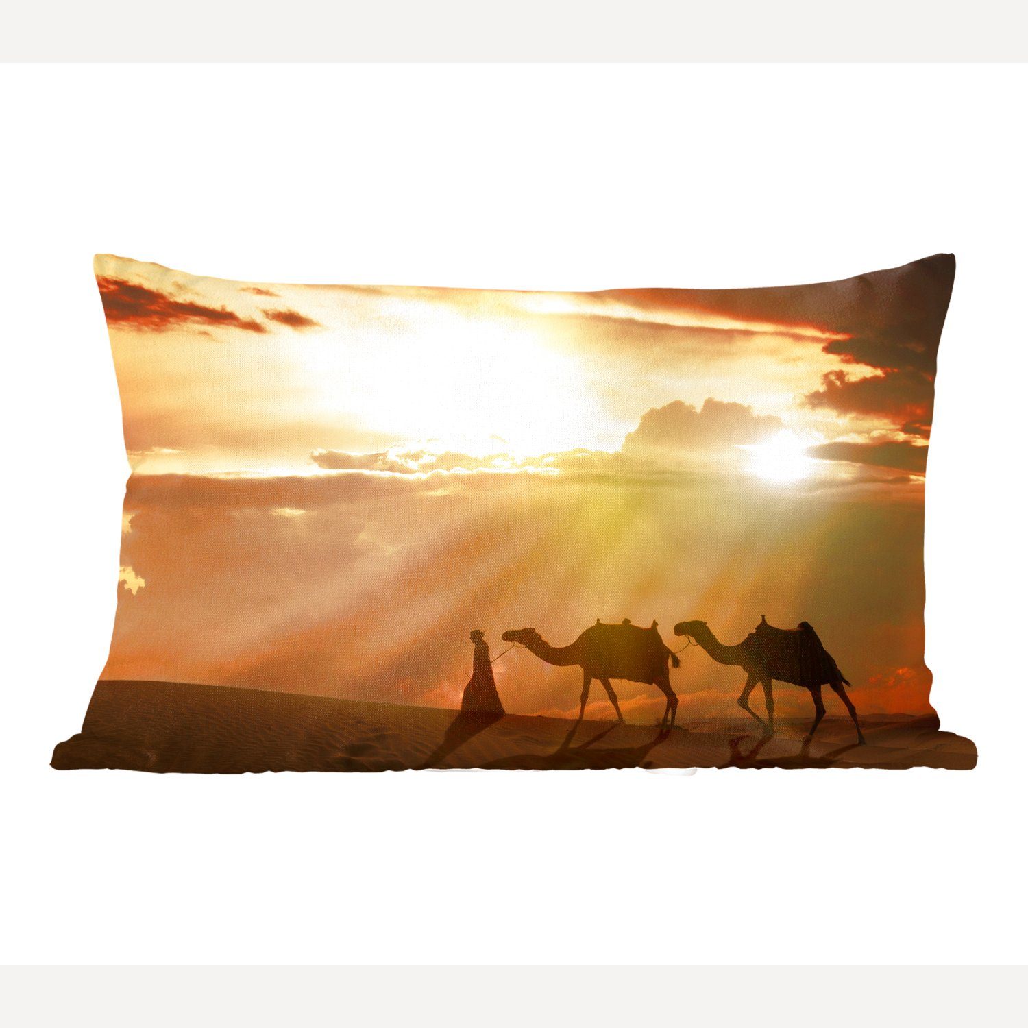 MuchoWow Dekokissen Arabischer Mann und Kamele bei Sonnenuntergang, Wohzimmer Dekoration, Zierkissen, Dekokissen mit Füllung, Schlafzimmer