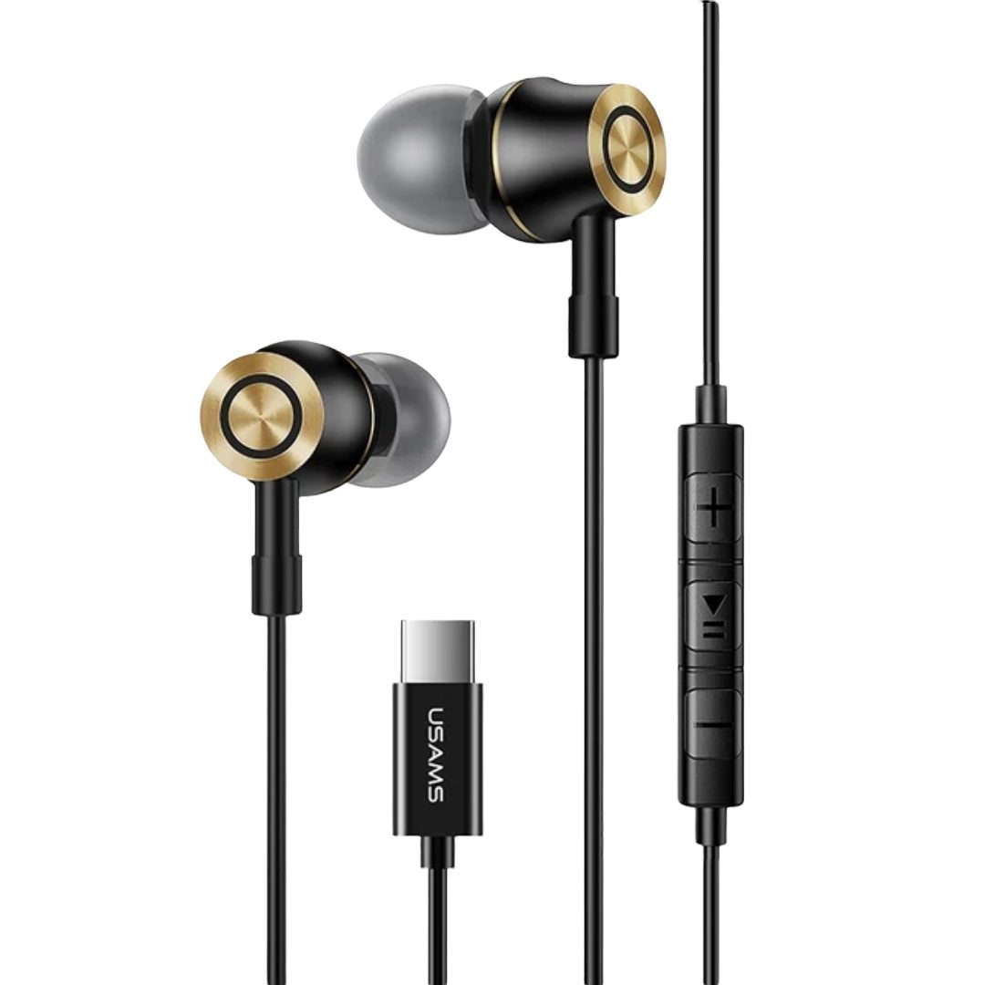 USAMS Type-C Kopfhörer Ohrstöpsel Stereo Ohrhörer mit Mikrofon Headset In-Ear-Kopfhörer (Kabelgebunden, In-Ear-kopfhörer, Kabel, Galaxy S20 S21 S22, Plus Huawei HTC Klang Bass) Schwarz