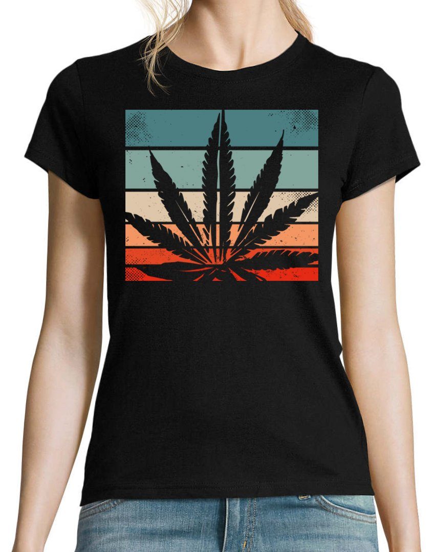 Frontprint T-Shirt T-Shirt modischem Damen Retro Cannabis mit Designz Youth Schwarz