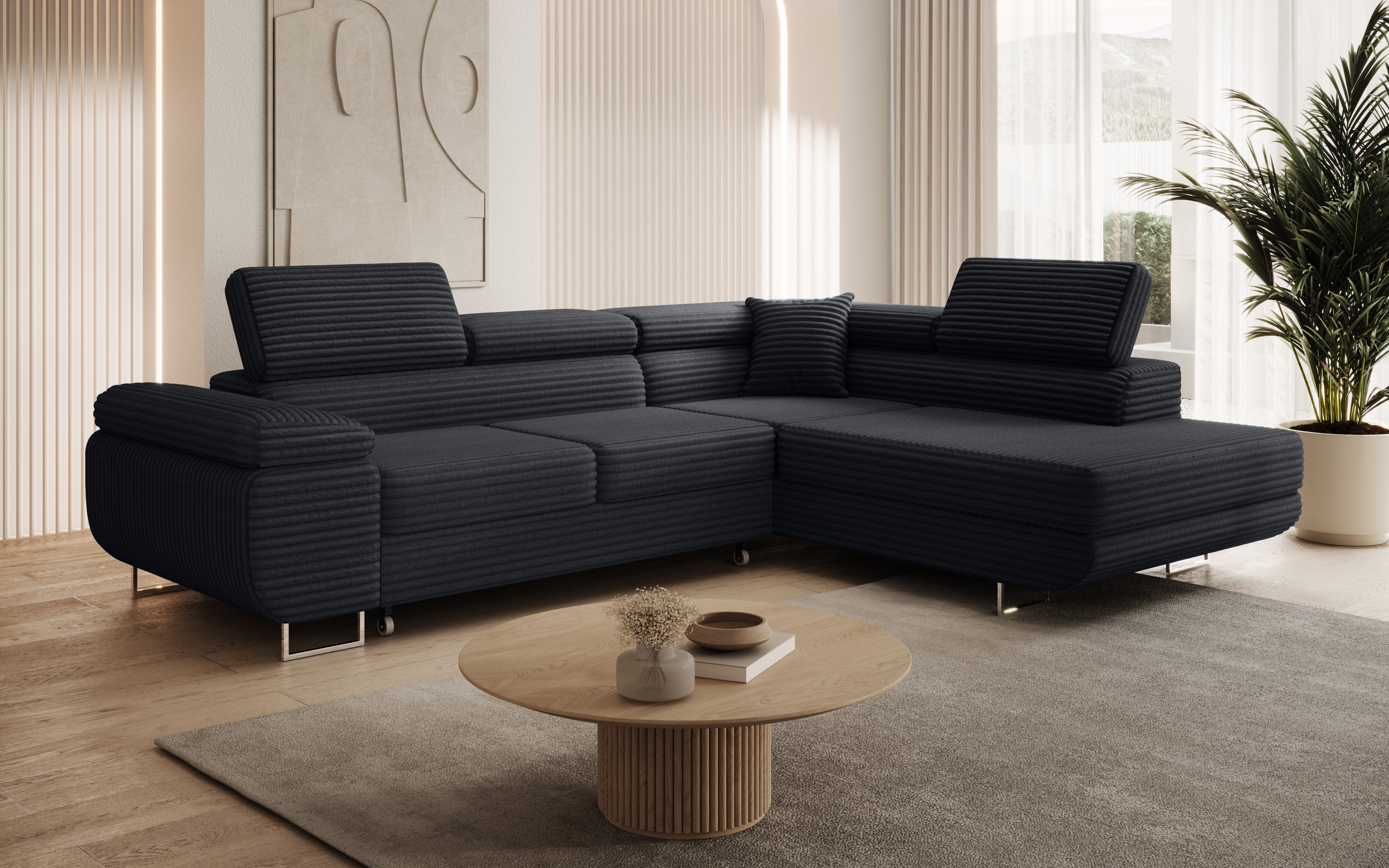 thematys Ecksofa ASTON mit Schlaffunktion & Bettkasten – Cordstoff TILIA, - mit 3 verstellbaren Kopfstützen, – L-Form 273×203 cm – Schlafsofa mit Auszug